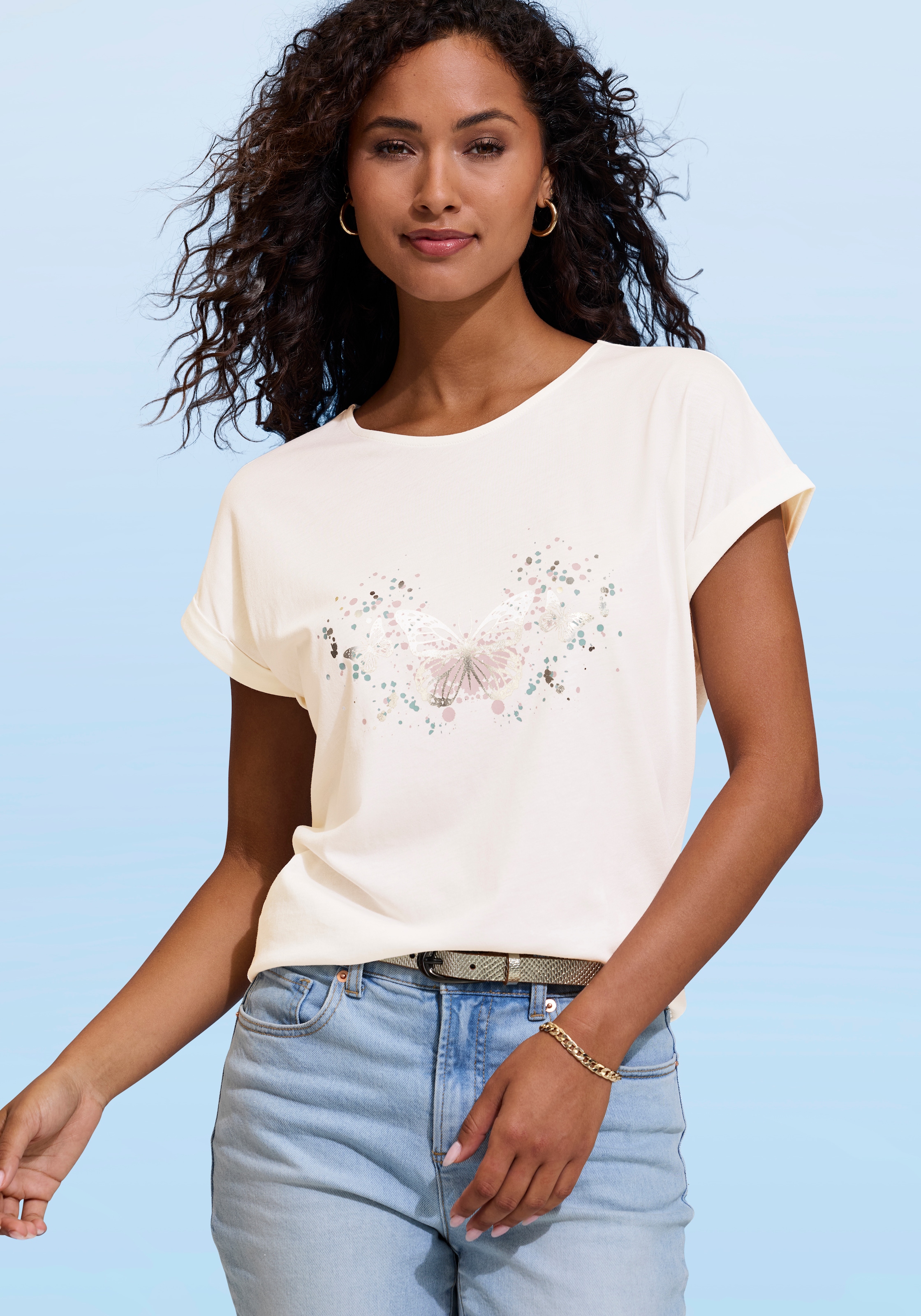 Image of Vivance T-Shirt "mit glänzendem Frontprint" aus angenehmer Baumwoll-Modal-Qualität