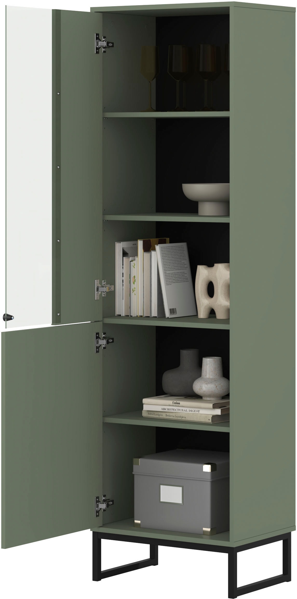 GOODproduct Vitrine »Loft, Höhe 180 cm, moderne Standvitrine mit 2 Türen, Metallkufen« Hochschrank mit viel Stauraum, Glastür und verstellbaren Einlegeböden