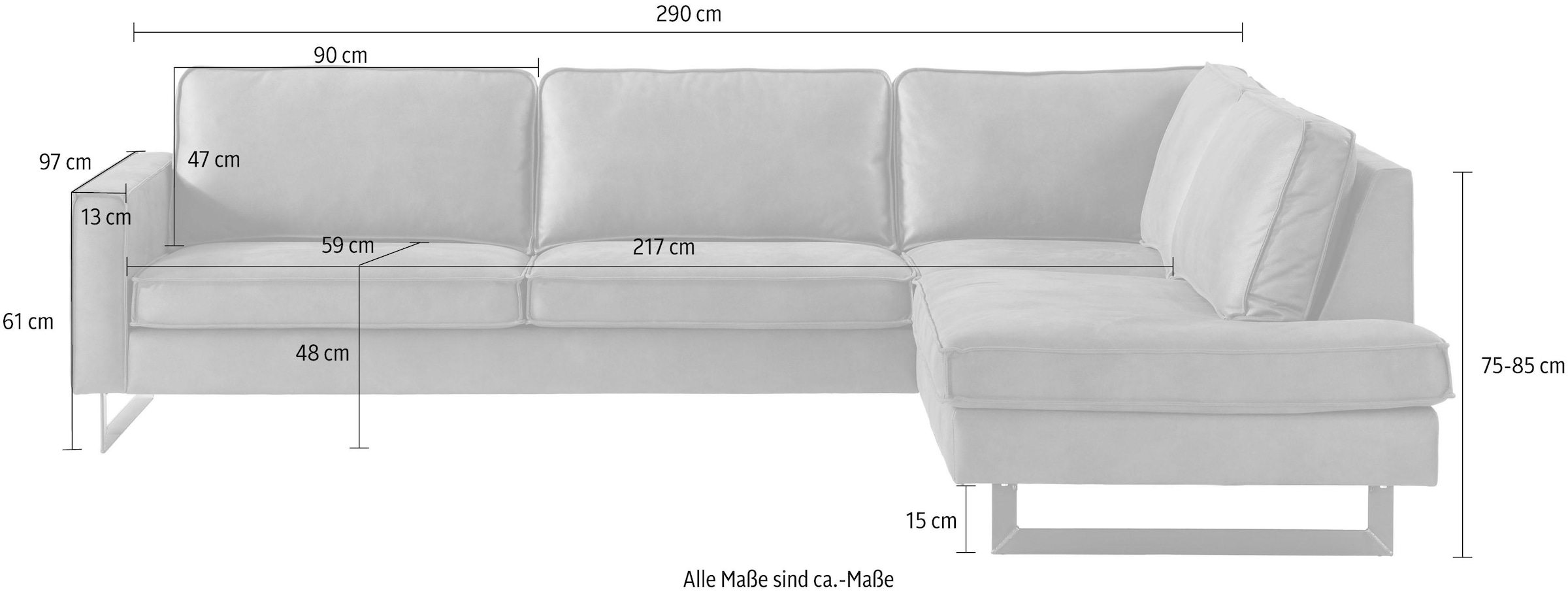 Places of Style Ecksofa »Pinto, 290 cm, Cord, Chenille, Lederoptik, Ottomane links / rechts«, mit Keder, schwarze Metallfüsse, Wellenunterfederung