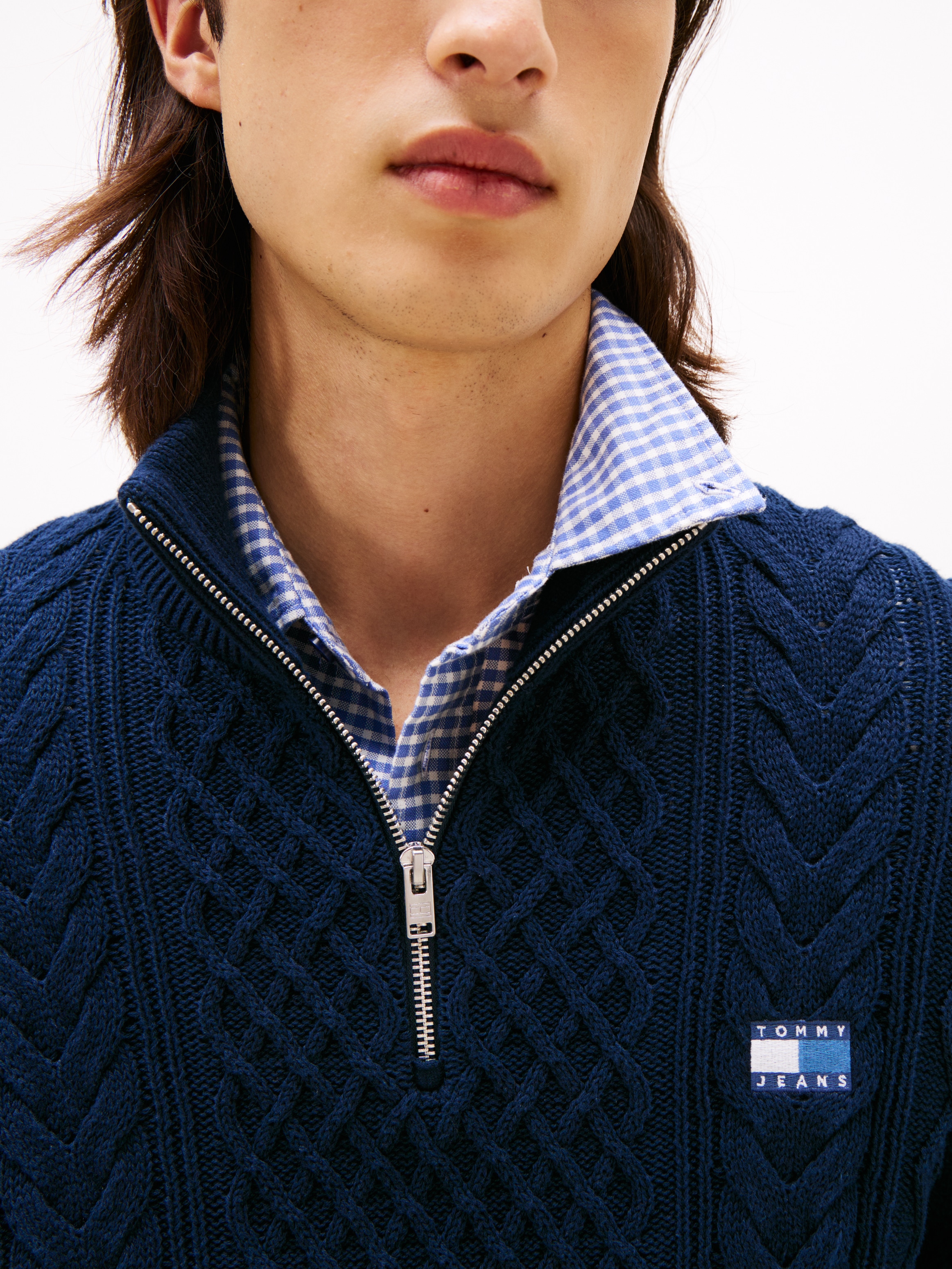 Tommy Jeans Strickpullover, Troyer-Kragen mit Reissverschluss, slim fit, Zopfstrick-Muster