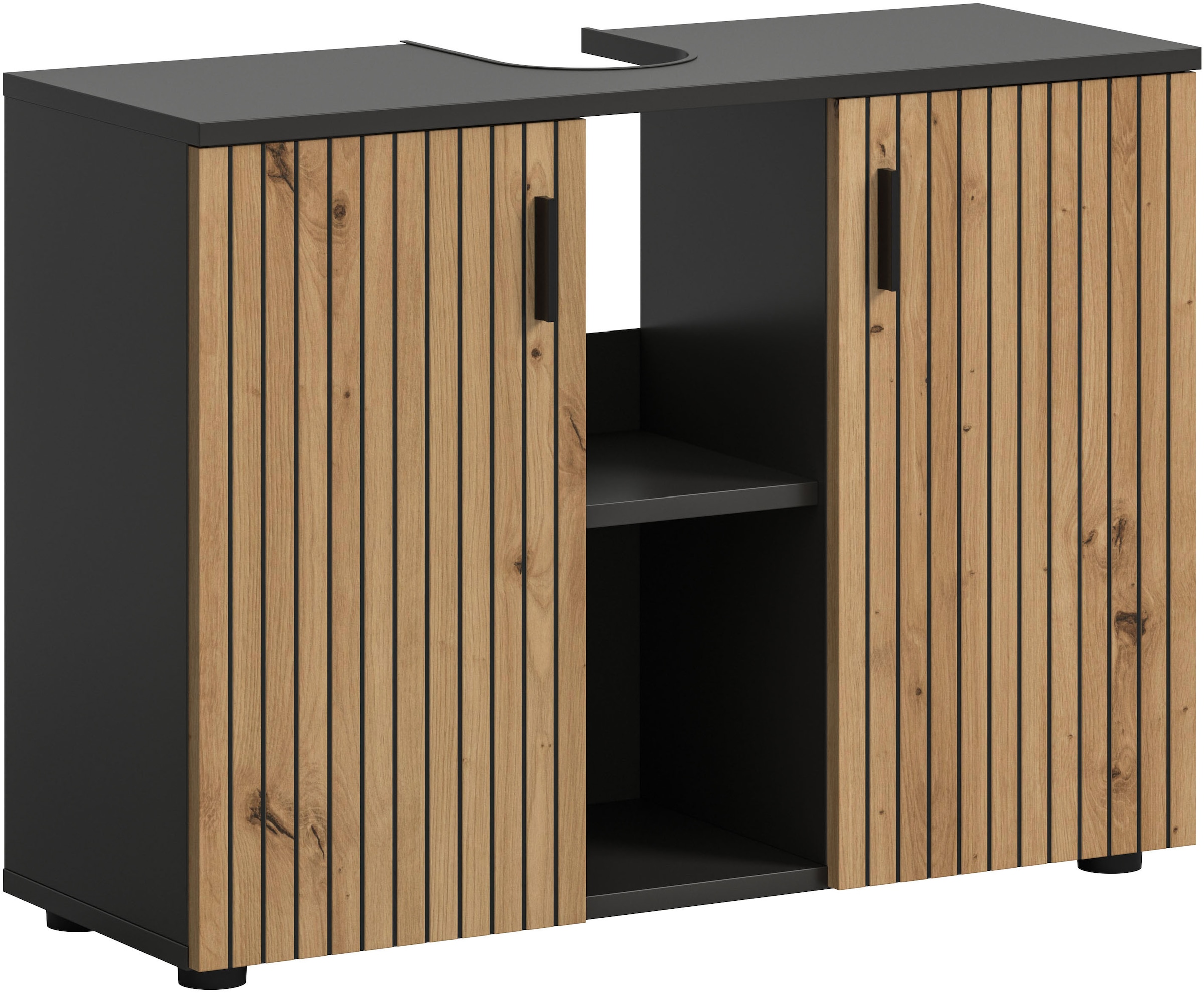Image of welltime Waschbeckenunterschrank "MANI, Paneeloptik, 2 offene Fächer, Siphonausschnitt" 1 Stk. tlg. WBU, Waschbeckenunterschrank, Unterschrank, Badschrank, Badezimmer