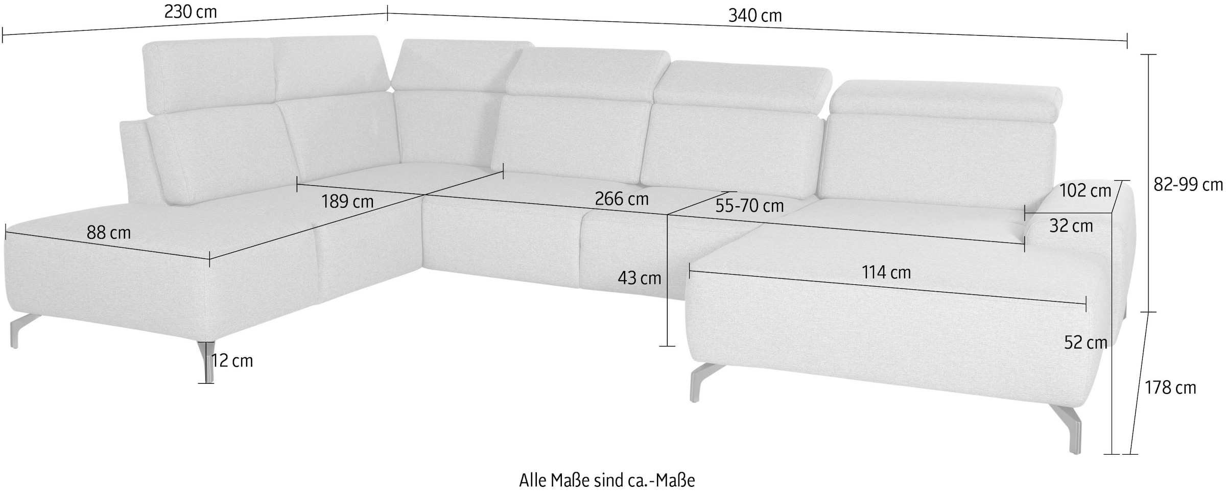 sit&more Wohnlandschaft »Gizeh U-Form«, 12 cm Fusshöhe, inklusive Sitztiefenverstellung und Kopfteilverstellung
