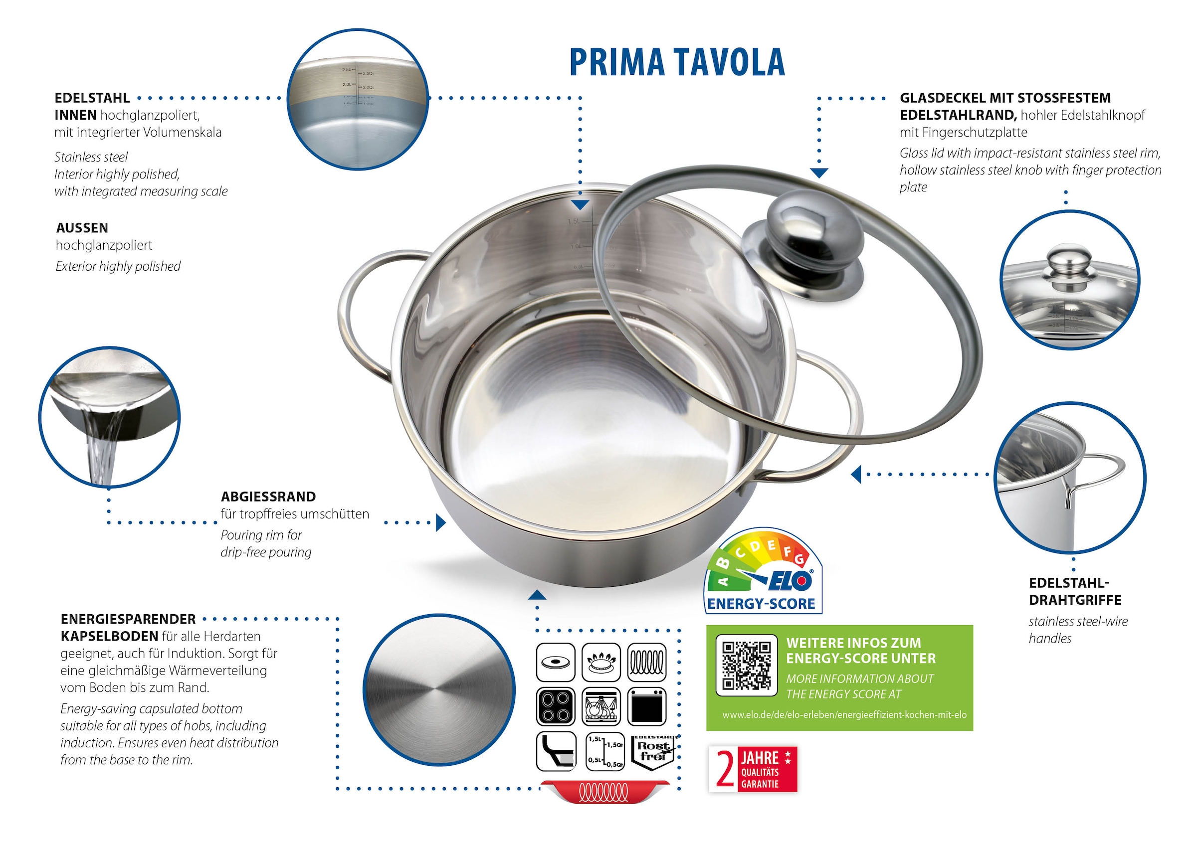 Elo Basic Set de casseroles »Prima Tavola Edelstahl Topfset 20-teilig« Set, 20 cuis tlg.