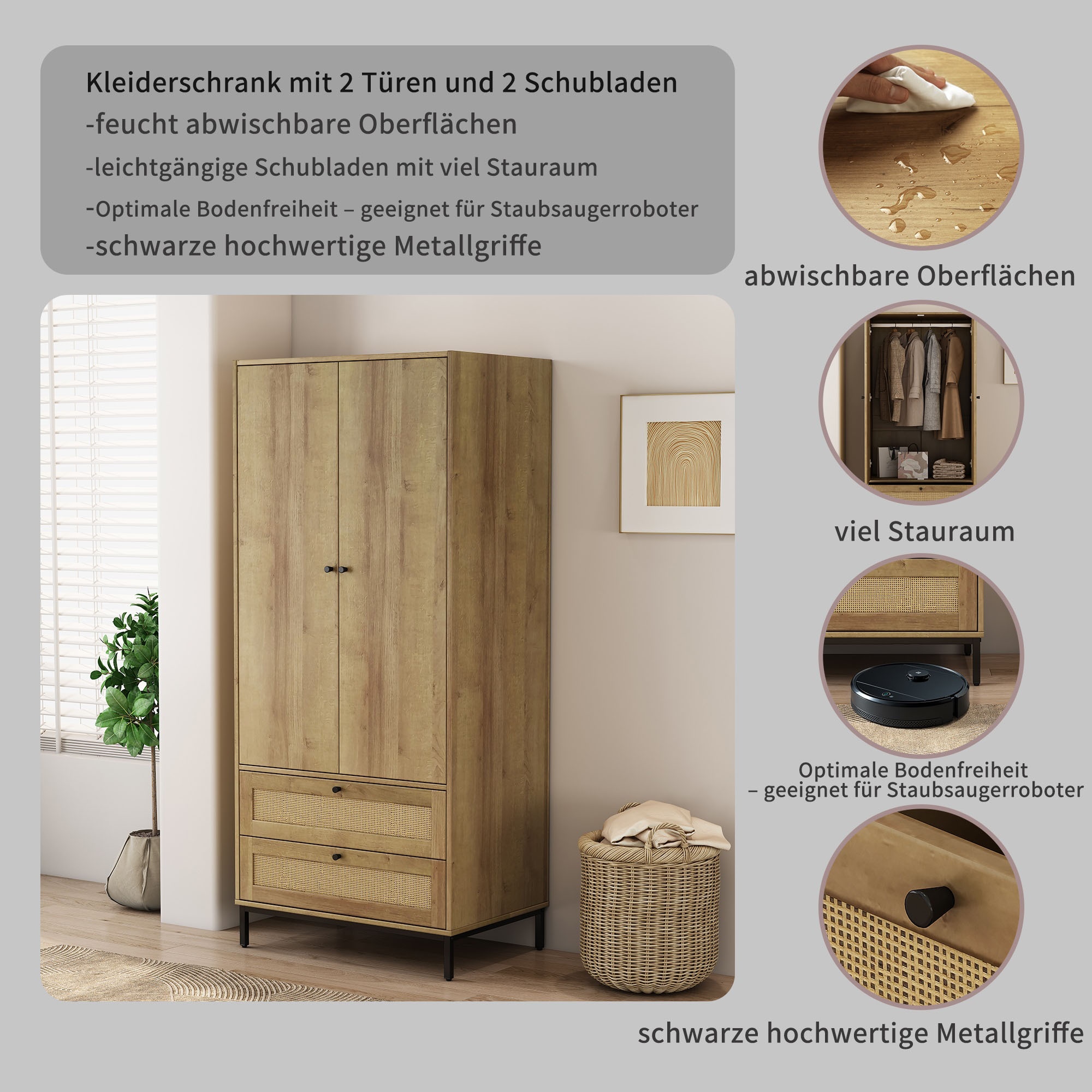 GOODproduct Armoires à vêtements »Motala Schlafzimmerschrank Garderobe Boho Eichen-Design Bestseller« Moderne schwarze Griffe, Schublade mit Geflecht,  Schlafzimmerschrank mit 2 Türen und 2 Schubladen