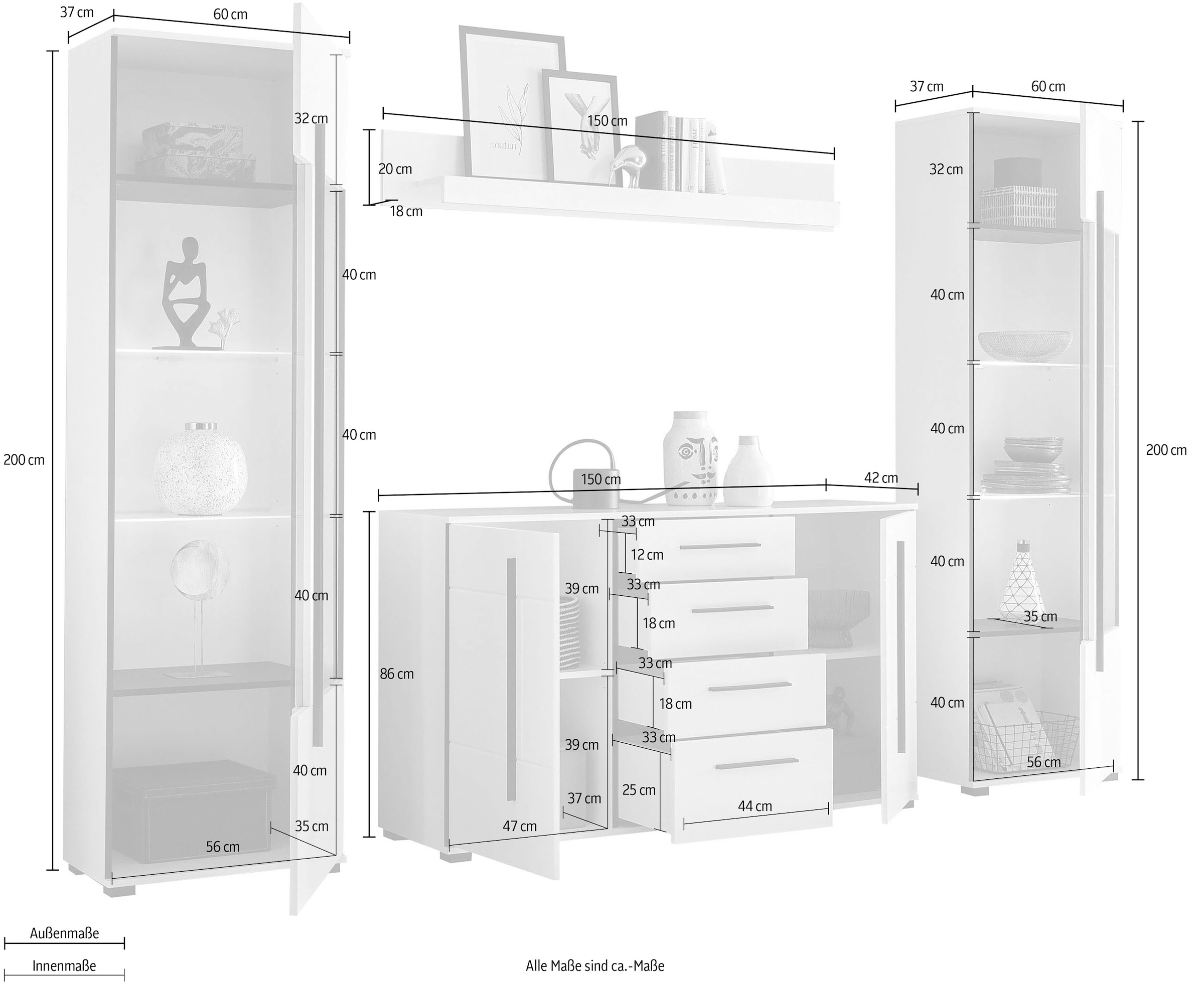 INOSIGN Wohnwand »Cantara, moderne Anbauwand, Wohnzimmer-Set, in Eiche Evoke oder Weiss«, (Set), enthält zwei Vitrinen, ein Sideboard und ein Wandboard