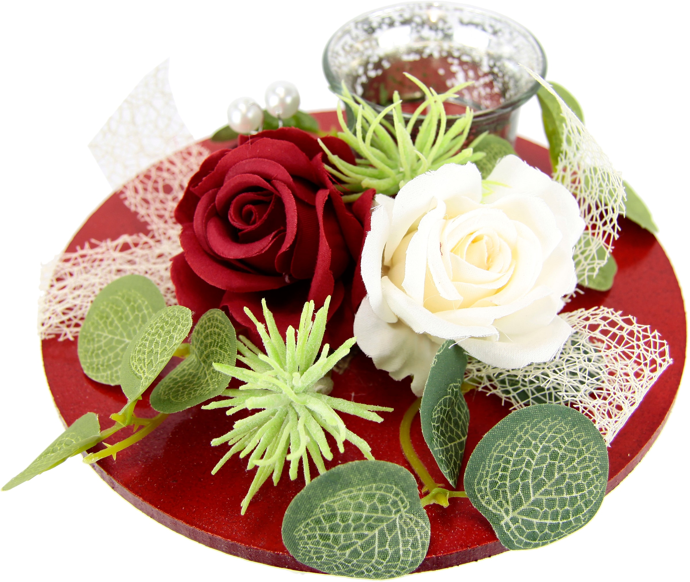 I.GE.A. Teelichthalter »Mit Glaseinsatz und Teelichtkerze, künstlichen Rosen Eukalyptus«, (1 St.), Kerzenständer Kerzenhalter Tischdeko Kerzen Muttertag Valentinstag