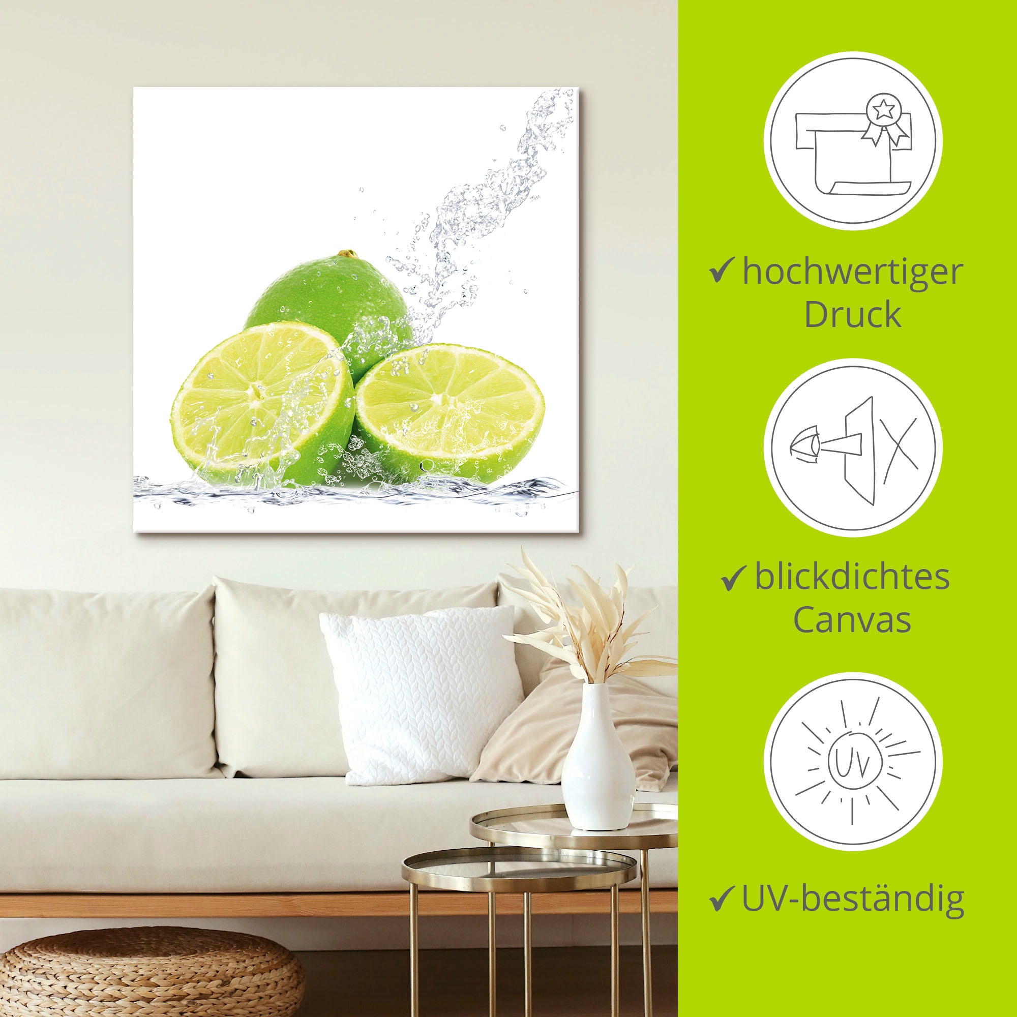 Artland Wandbild »Limette mit Spritzwasser«, Lebensmittel, (1 St.), als Leinwandbild, Poster, Wandaufkleber in verschied. Grössen