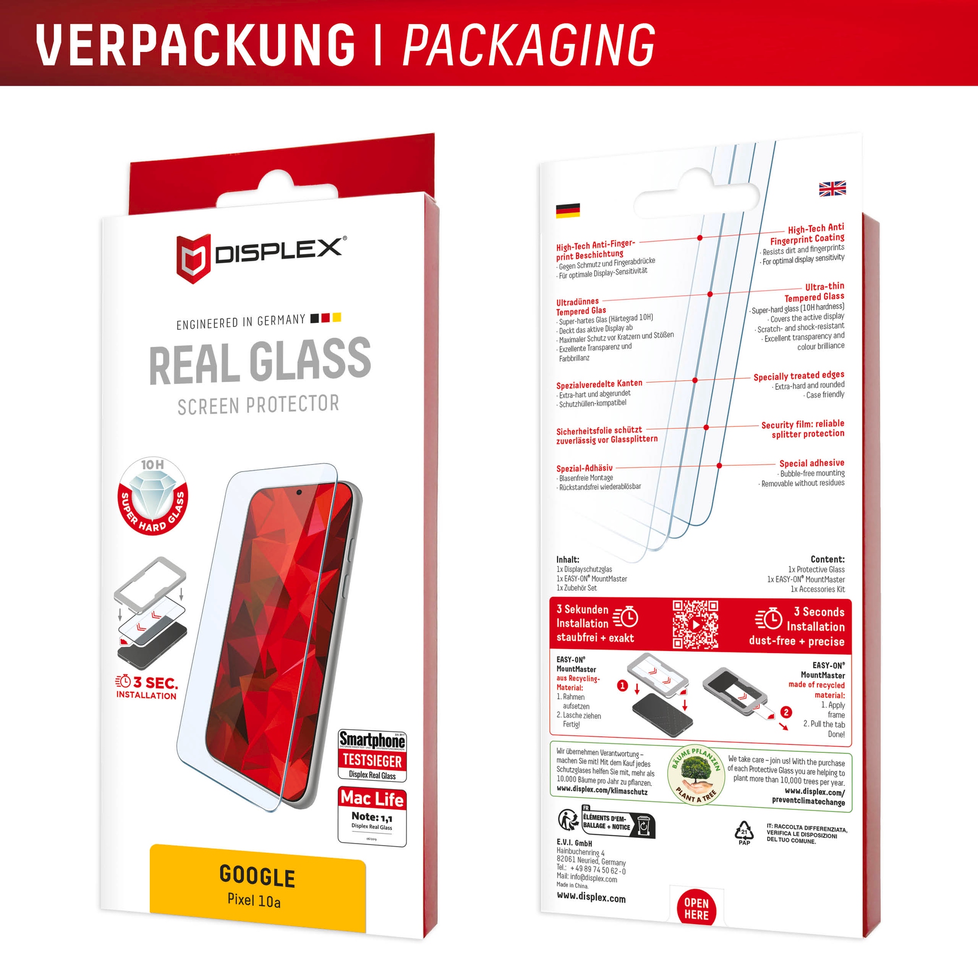 Displex Displayschutzglas »Real Glass Screen Protector mit MountMaster« für Google Pixel 10a Displayschutzfolie, Schutzfolie, Bildschirmschutz, kratz- & stossfest