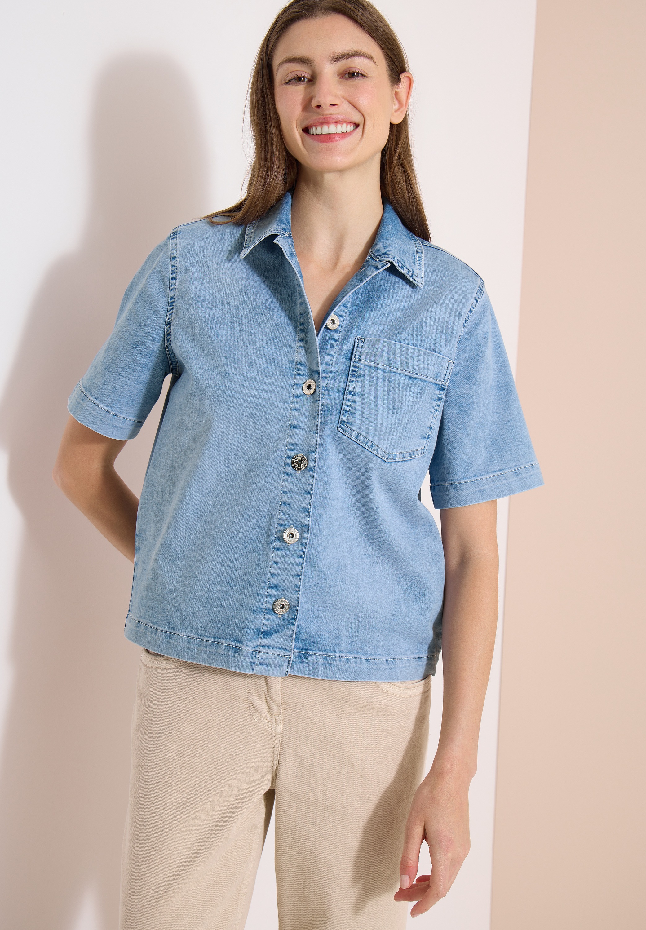 Image of Cecil Jeansjacke ohne Kapuze Kurzarm Jeans-Overshirt mit Knopfleiste