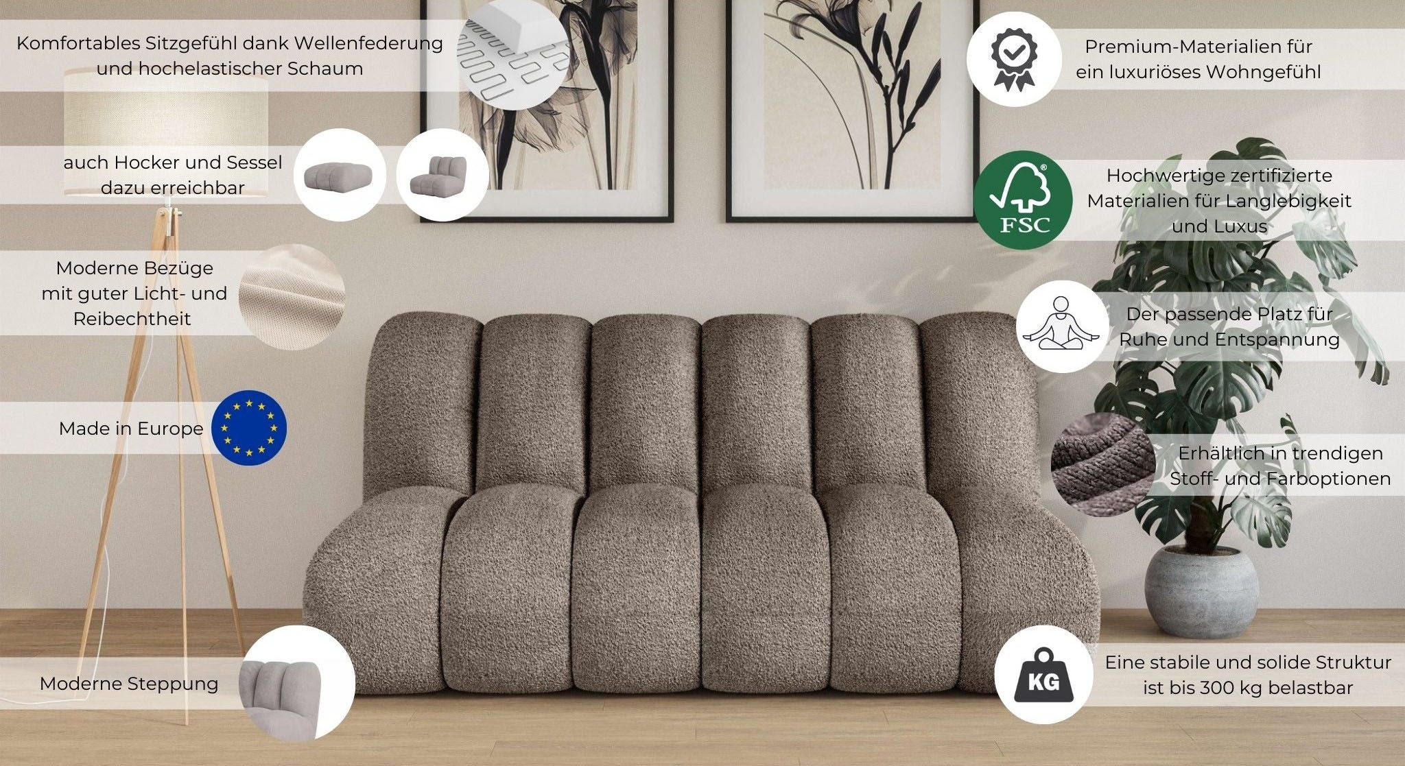 LeGer Home by Lena Gercke 2,5-Sitzer »Priya Designersofa, moderne Steppung, auch in Bouclé« gemütlich und modern, B/T/H: 185/108/84 cm