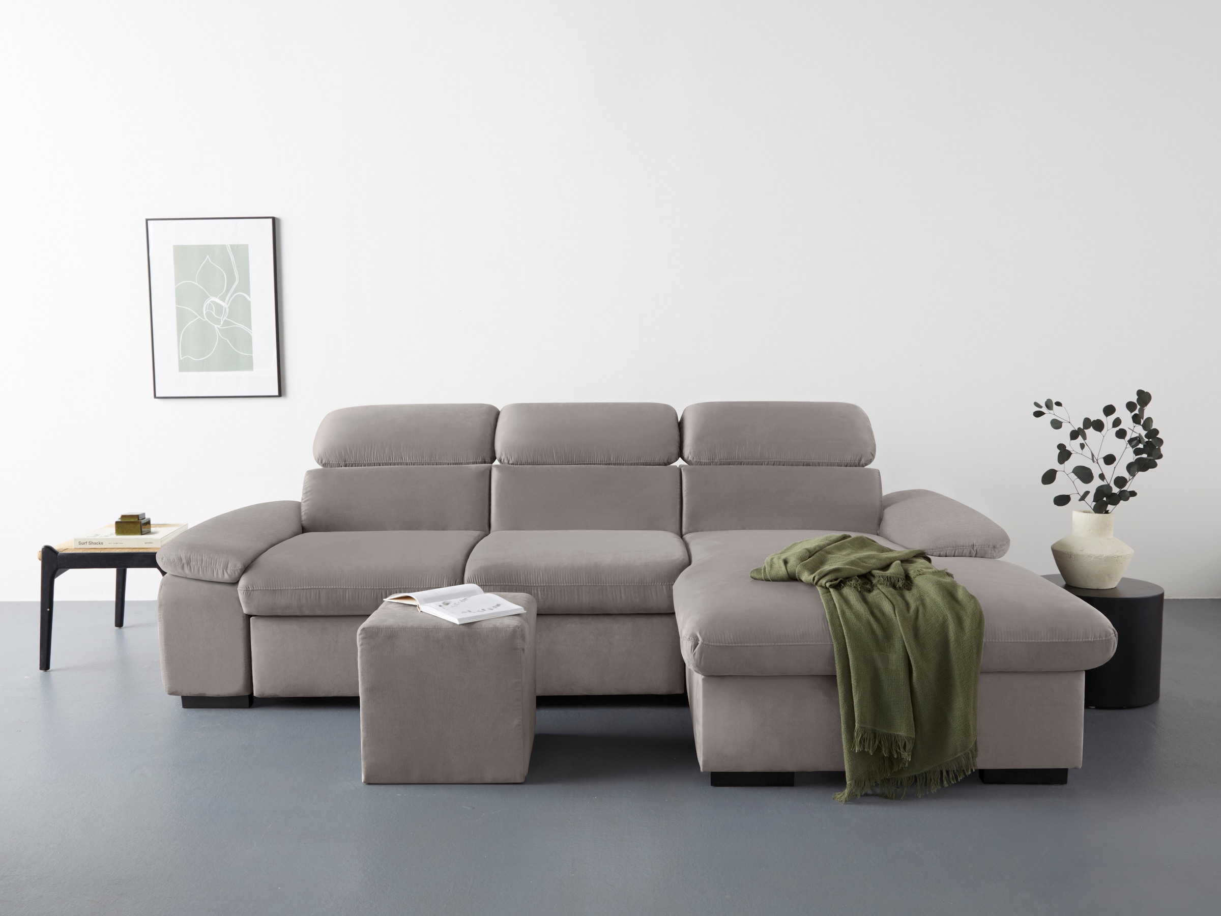 COTTA Ecksofa »Lola L-Form mit Kopfteilfunktion & Hocker«, (Set, mit Hocker), wahlweise mit Bettfunktion, Bettkasten & Armteilverstellung