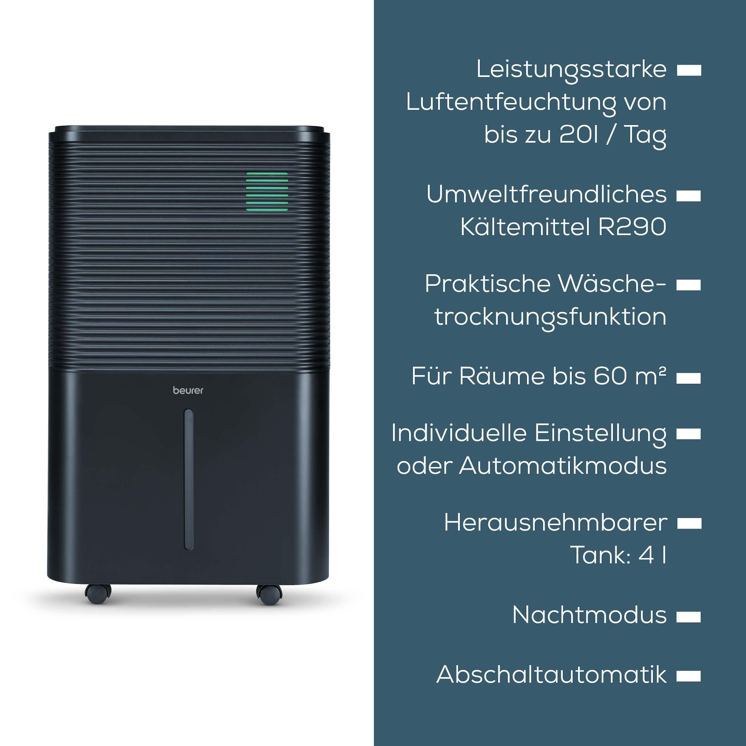 BEURER Déshumidificateur d'air »LE 250, Entfeuchtung bis zu 20 Liter pro Tag, mit 4 l Wassertank« Entfeuchtung 20 l/Tag Tank 4 l Für grosse Räume bis 60m² geeignet, zwei Lüfterstufen, Timerfunktion