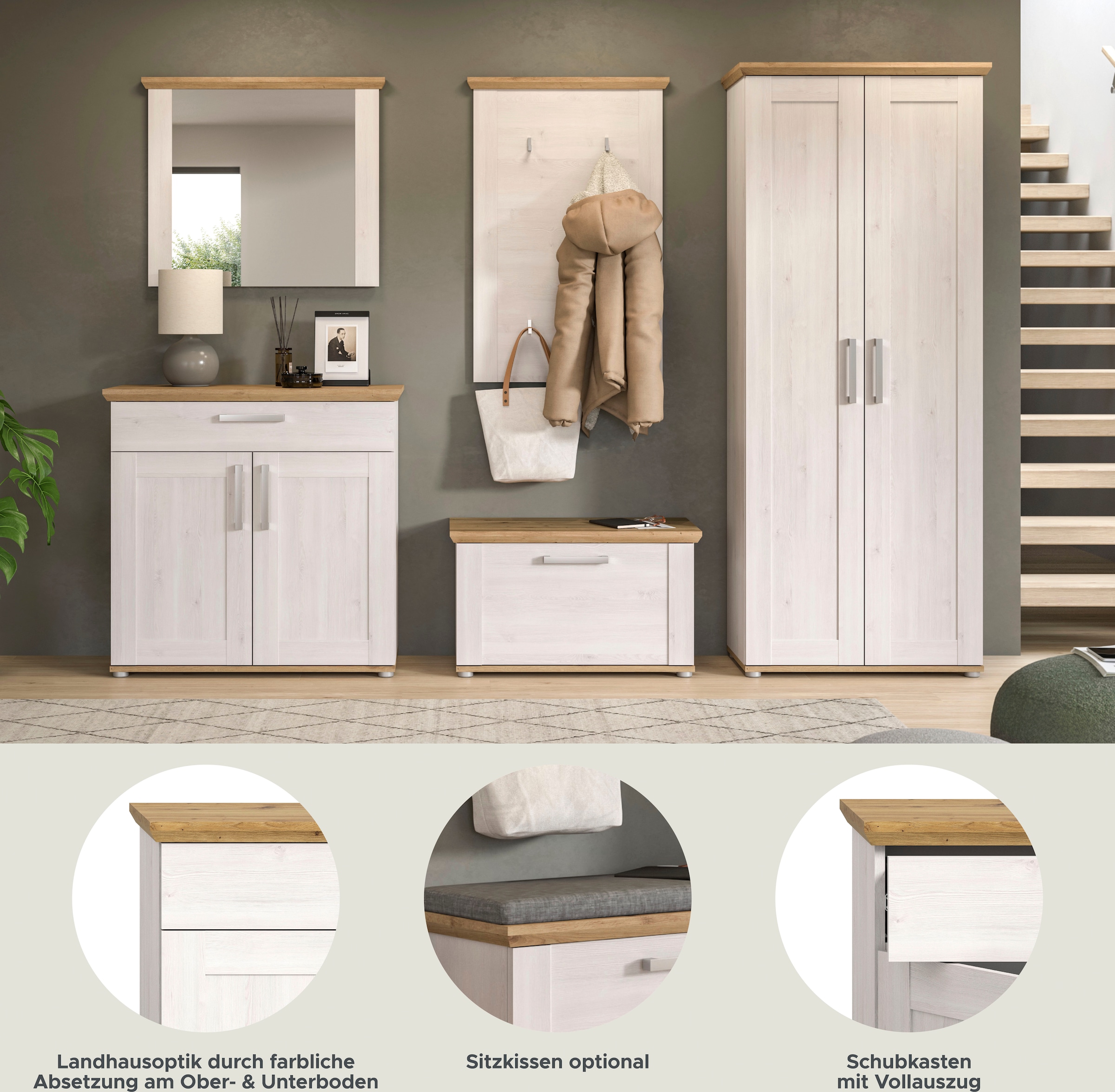 Home affaire Garderoben-Set »COSENZA, TOPSELLER!, Breite ca. 285 cm, 5-teilig, in Landhausoptik«, (5 St., Garderobenschrank, Sitzbank, Garderobenpaneel, Schuhschrank, Spiegel), Garderobenkombination, Kombination, Diele, Garderobe, Garderobenmöbel
