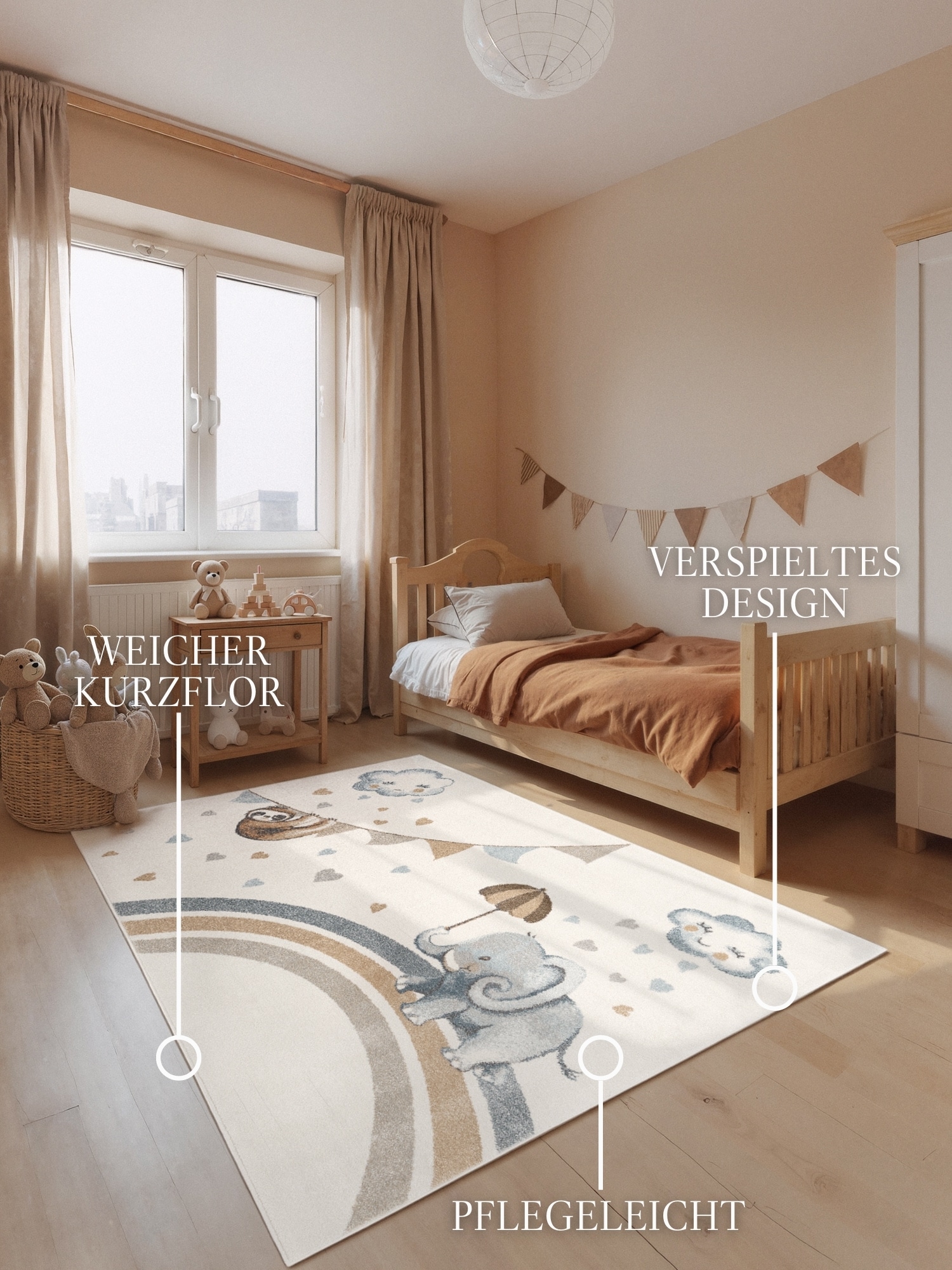 Villeroy & Boch Kinderteppich »Walk like an Elephant Rainy Party Teppich« rechteckig 9 mm Höhe Spielteppich weich, Kinderzimmer, Boho Kids Spielunterlage, Tieremotiv