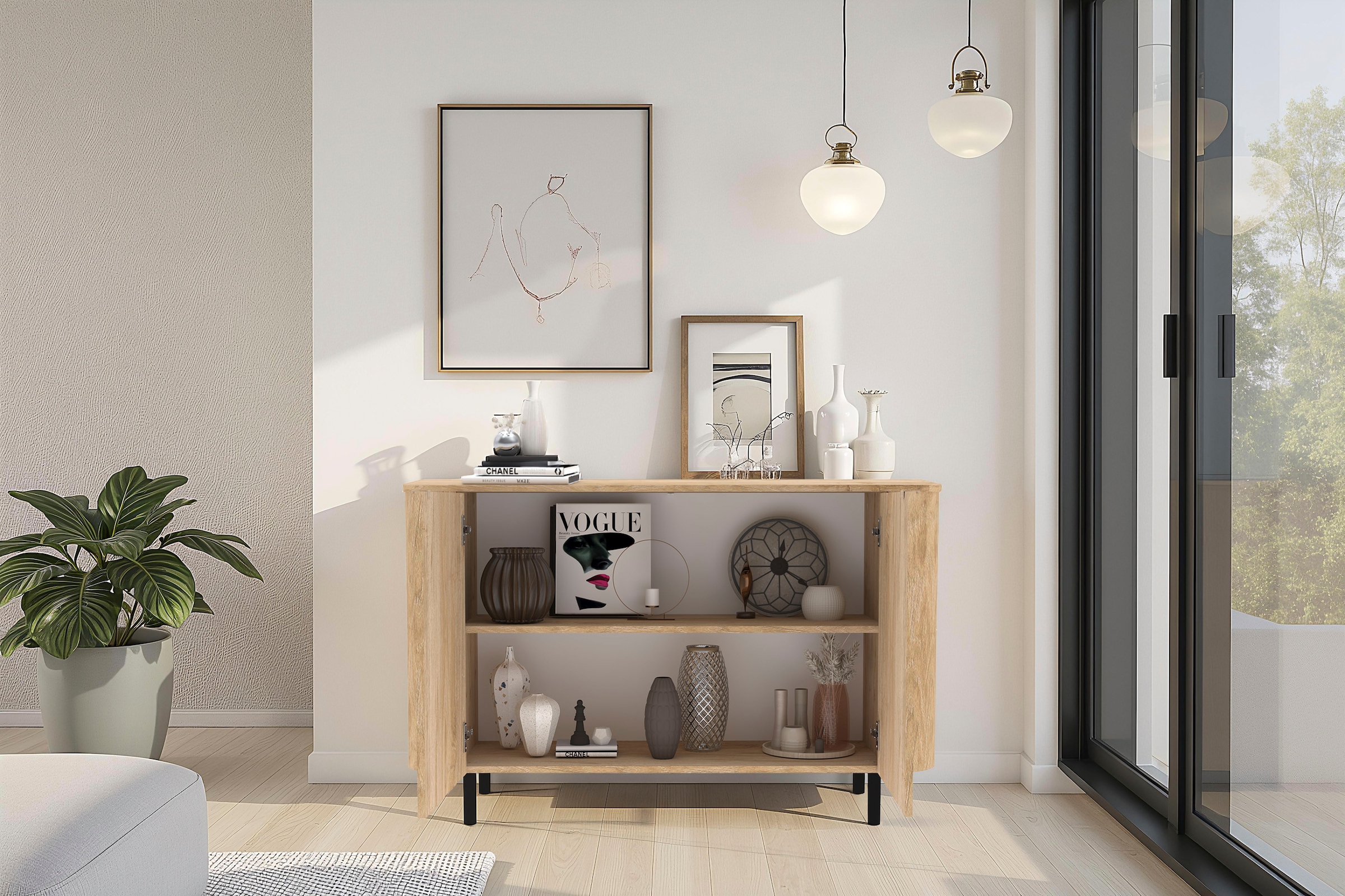 Home affaire Sideboard »Murano, 131 cm breit, 2 Türen, Anrichte, Kommode, Stauraumschrank« Formgebogenes MDF, Stirnseiten mit Rundung, Füsse und Griffe aus Metall