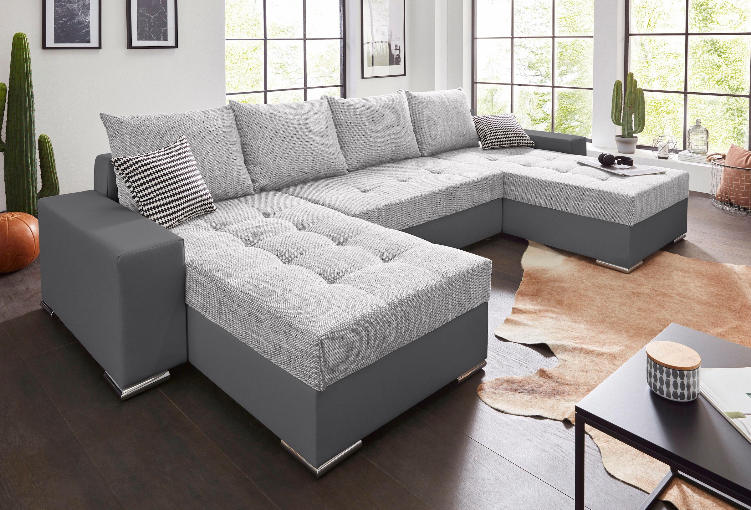 COLLECTION AB Wohnlandschaft »XL-Josy U-Form, Breite 313 cm, Kunstleder-Mix, Microfaser«, inkl. Bettfunktion, Bettkasten, mit 4 gleich grossen Rückenkissen