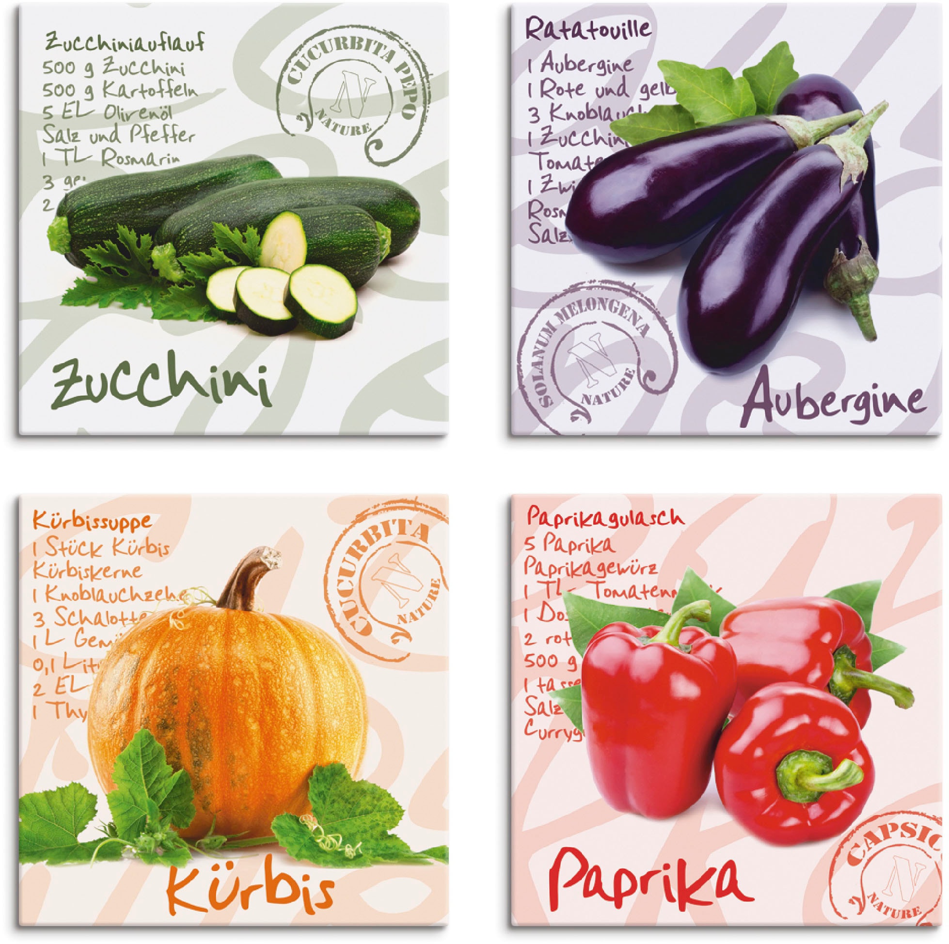 Image of Artland Leinwandbild "Zucchini, Aubergine, Kürbis, Paprika" Lebensmittel 4 Stk. tlg. 4er Set, verschiedene Grössen