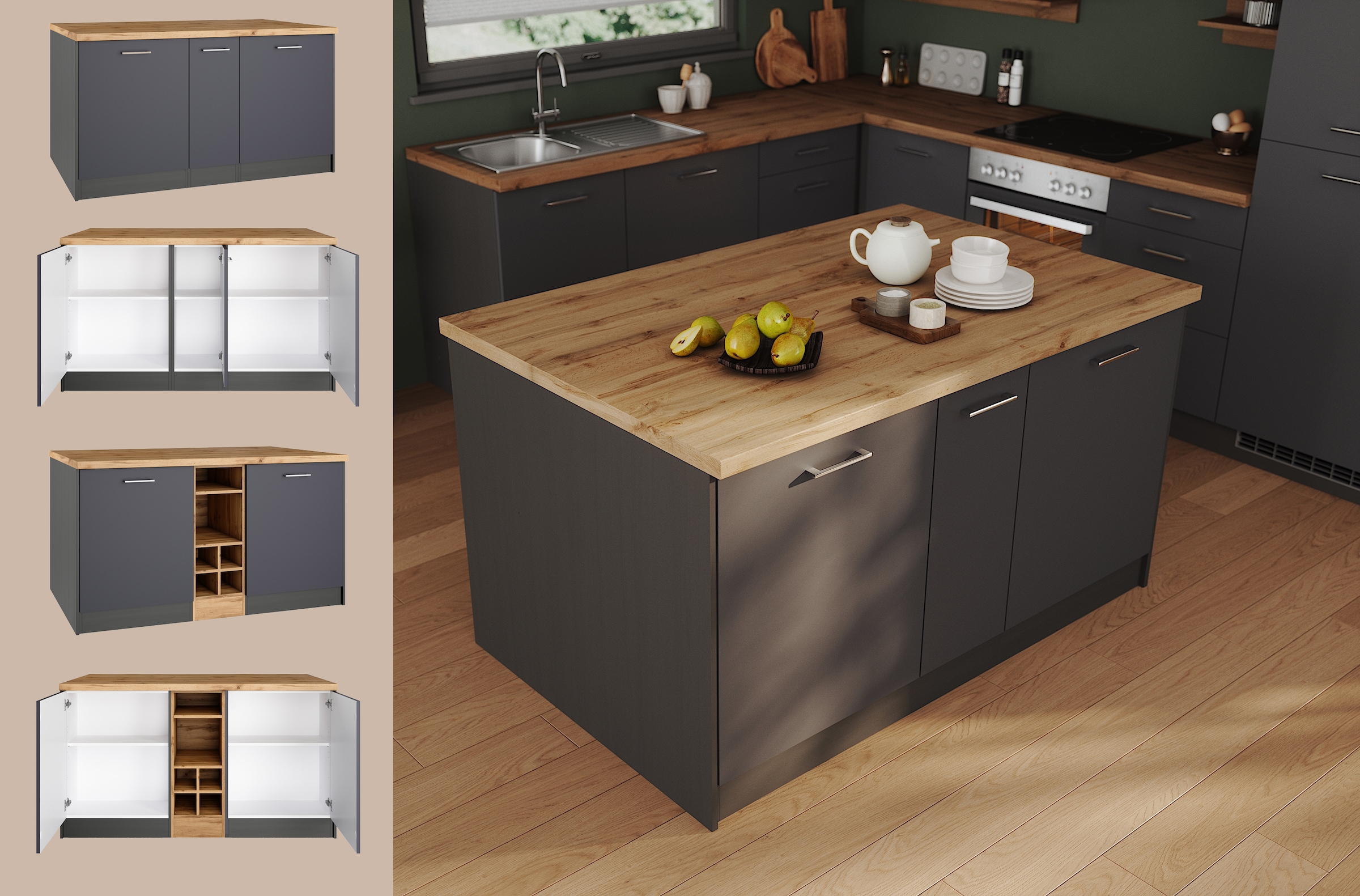 KOCHSTATION Ilot de cuisine »KS-Milan« dimensions 153/100 cm, beaucoup d’espace de rangement, lieu central : cuisine