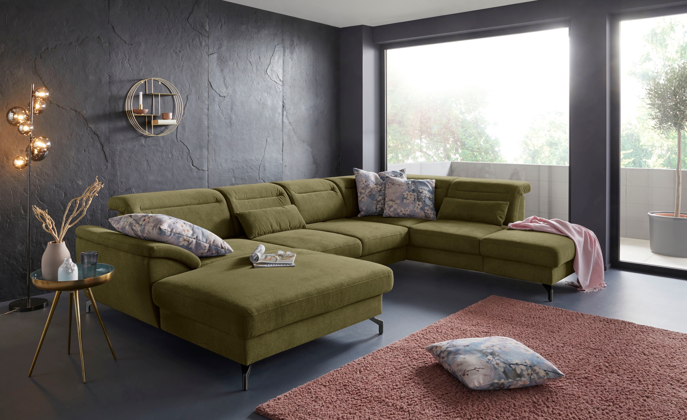 sit&more Wohnlandschaft »Percy U-Form«, 12 cm Fusshöhe, Sitztiefenverstellung, wahlweise in 2 Fussfarben