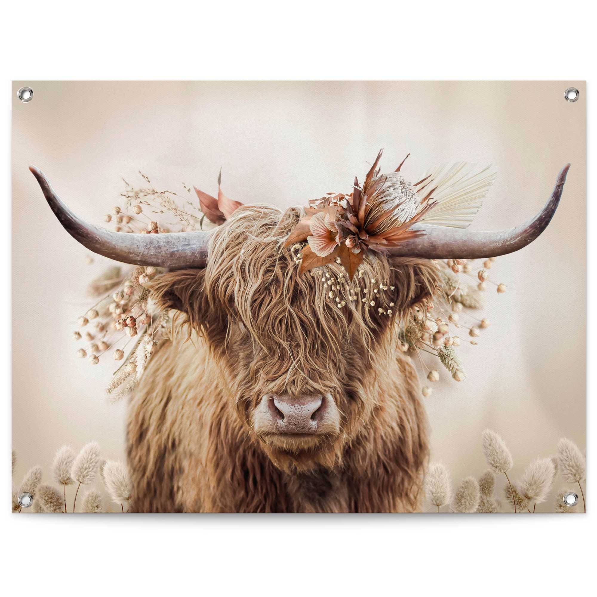 Poster »Highlander in Blumen«, Outdoor für Garten oder Balkon