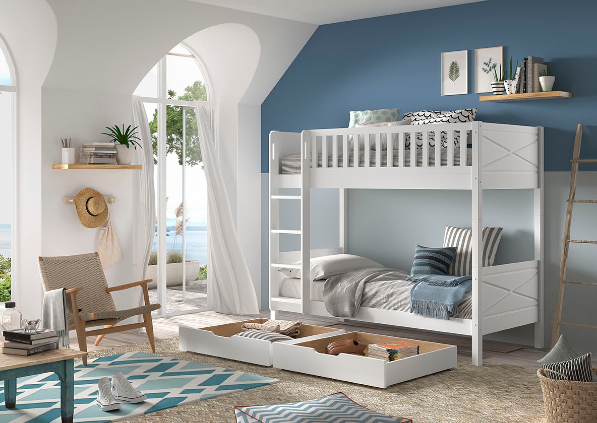 Vipack Etagenbett »Scott, Kiefer massiv, stabil gebaut, Made in Europe, Landhaus-Optik« B/H/T ca. 208x175x105cm, inkl. Rolllattenroste, Leiter, Absturzschutz,  wahlweise mit 2 kleinen oder 1 grossen Bettschublade auf Rollen