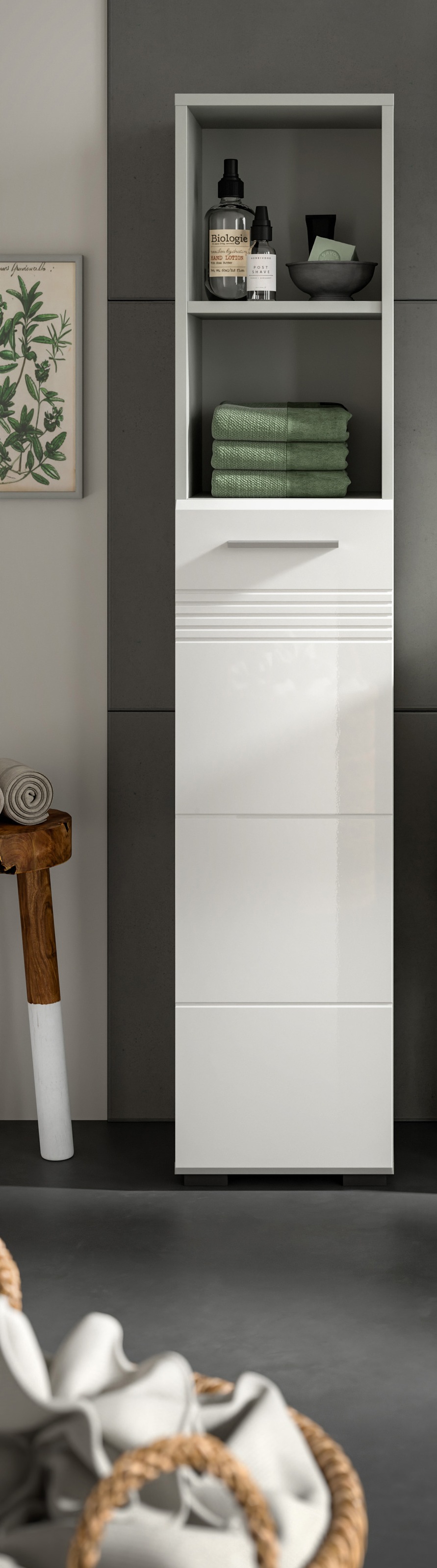 welltime Armoire haute »Calcio, Höhe 150 cm , 1 Tür, 2 offene Fächer, 3 Einlegeböden« Türanschlag wechselbar, MDF Front, Badschrank, Bad-Möbel, Badezimmer