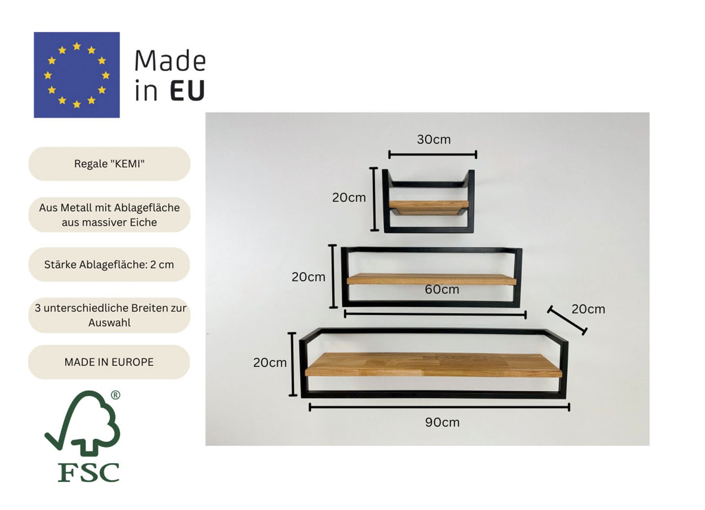 andas Étagère murale »Kemi« B/T/H: 60/20/20 cm,  Rahmen aus Metall, Ablagefläche aus Eichenholz
