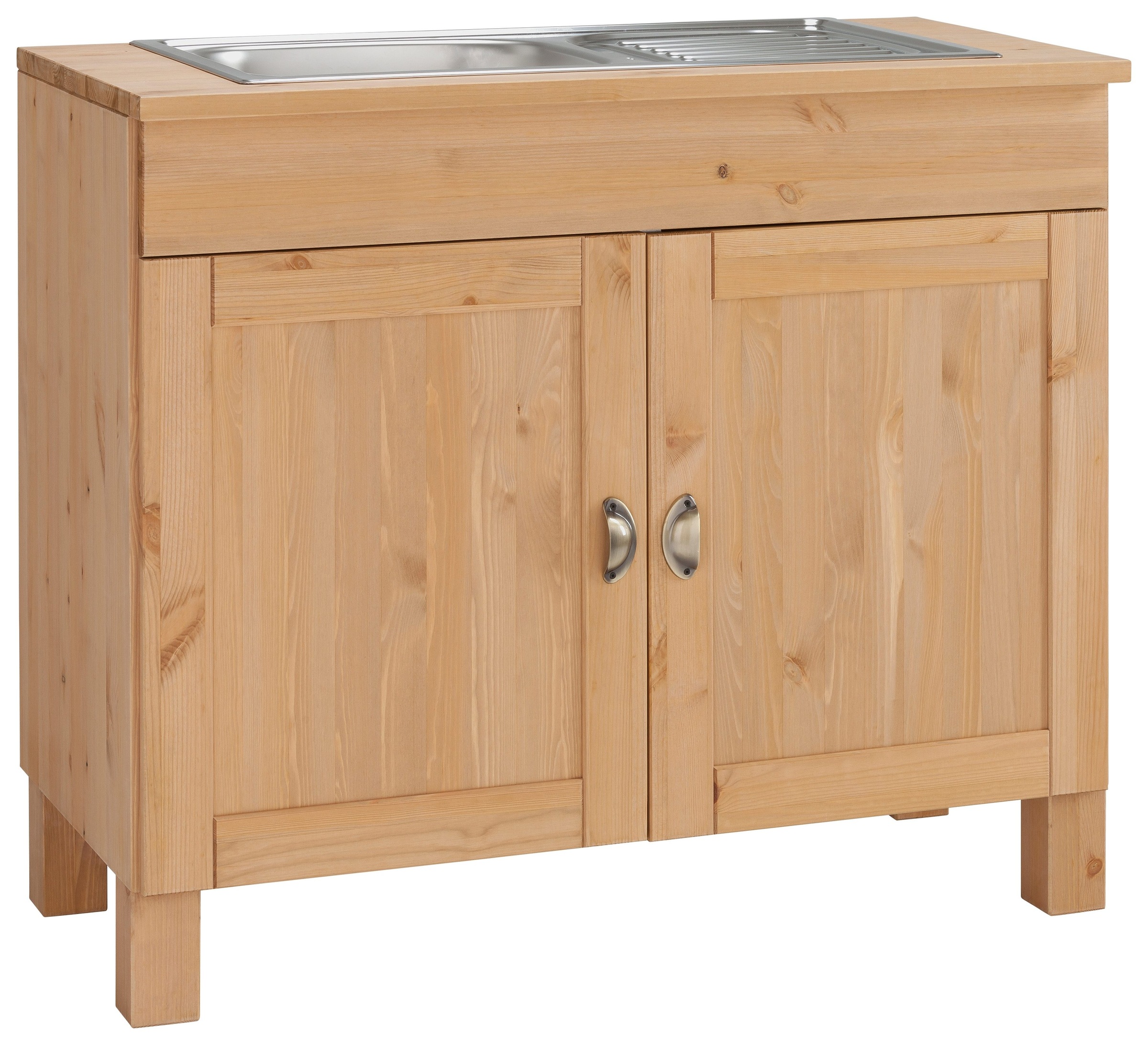 Image of Home affaire Spülenschrank »Oslo«, 100 cm breit, in 2 Tiefen, inklusive Einbauspüle aus Edelstahl, mit 23 mm starker Arbeitsplatte, aus massiver Kiefer, Metallgriffe bei Ackermann Versand Schweiz