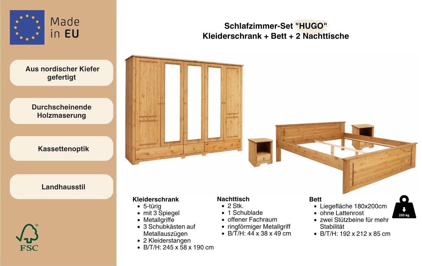 GOODproduct Schlafzimmer-Set »Hugo« Set, 4 Stk. tlg. Bett 180x200 cm, 5-trg Kleiderschrank und 2 Nachttische