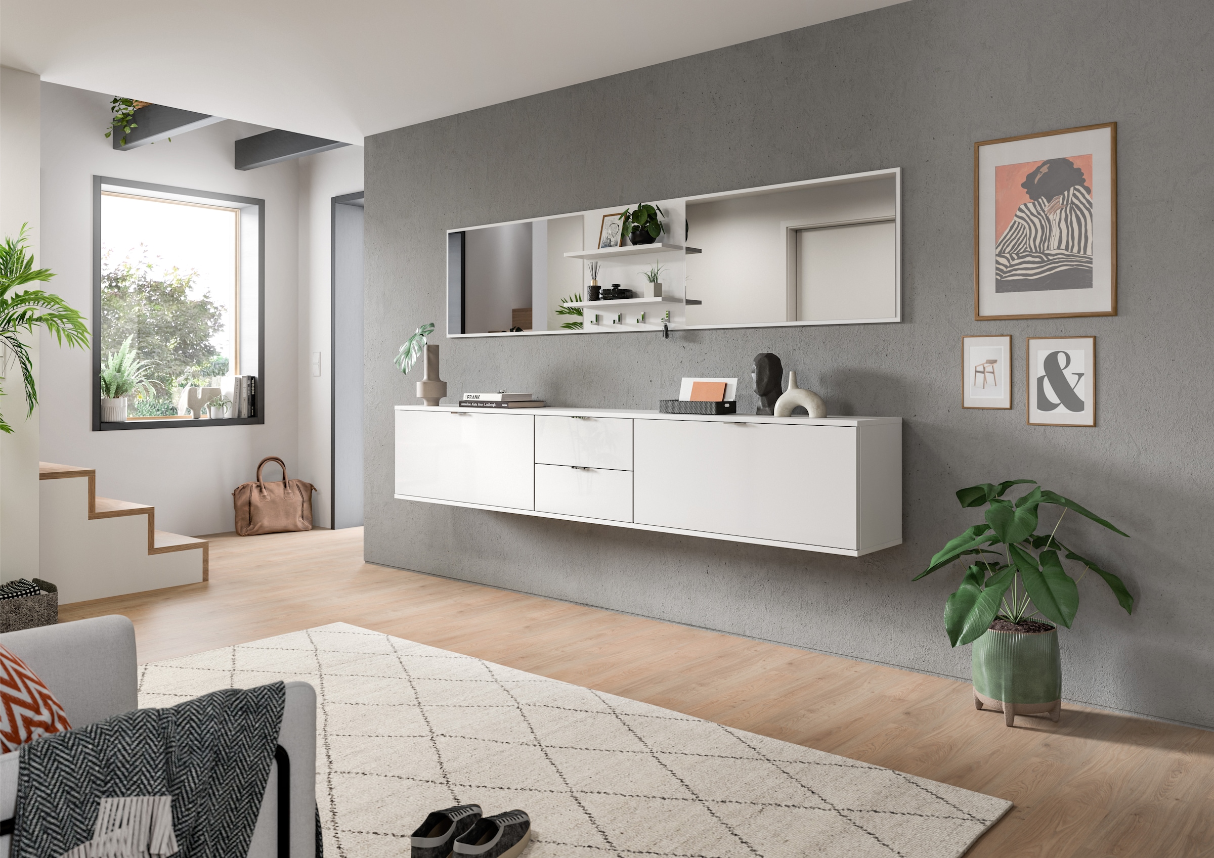INOSIGN Garderoben-Set »Trondheim, Garderobenset 6-tlg. Breite 236 cm,«, (6 St.), hochglanz, best. aus: 2x Spiegel, Paneele, 3x Kommoden, Flur