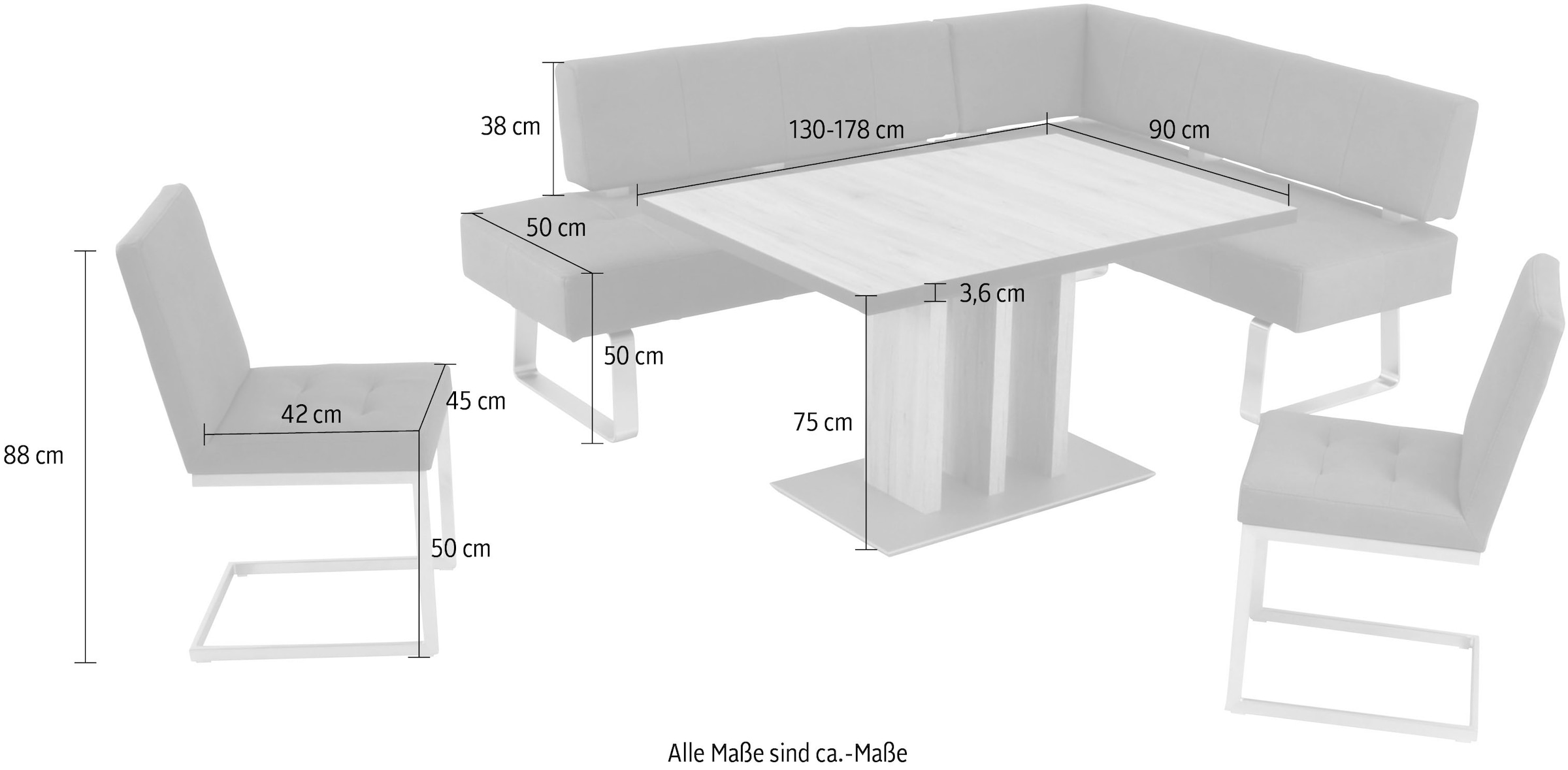 K+W Komfort & Wohnen Ensemble de bancs d'angle »Spider II« Ensemble, 4 cuis tlg. longue jambe 227 cm, 2 chaises à bascule, table extensible largeur 130 cm