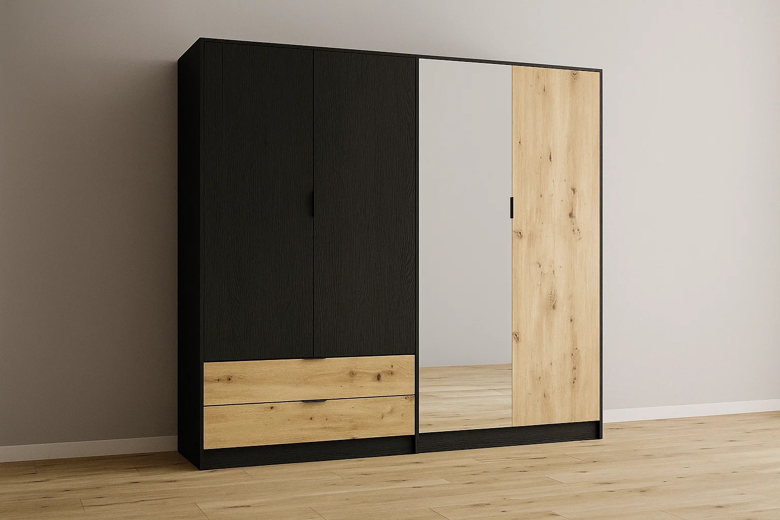 Home affaire Kleiderschrank »PERY mit Spiegel, 2 Schubladen, 4 Fächer und 2 Kleiderstangen« Garderobe mit 4 Türen und schwarzen Griffen, Masse B/T/H: 220/54/203cm