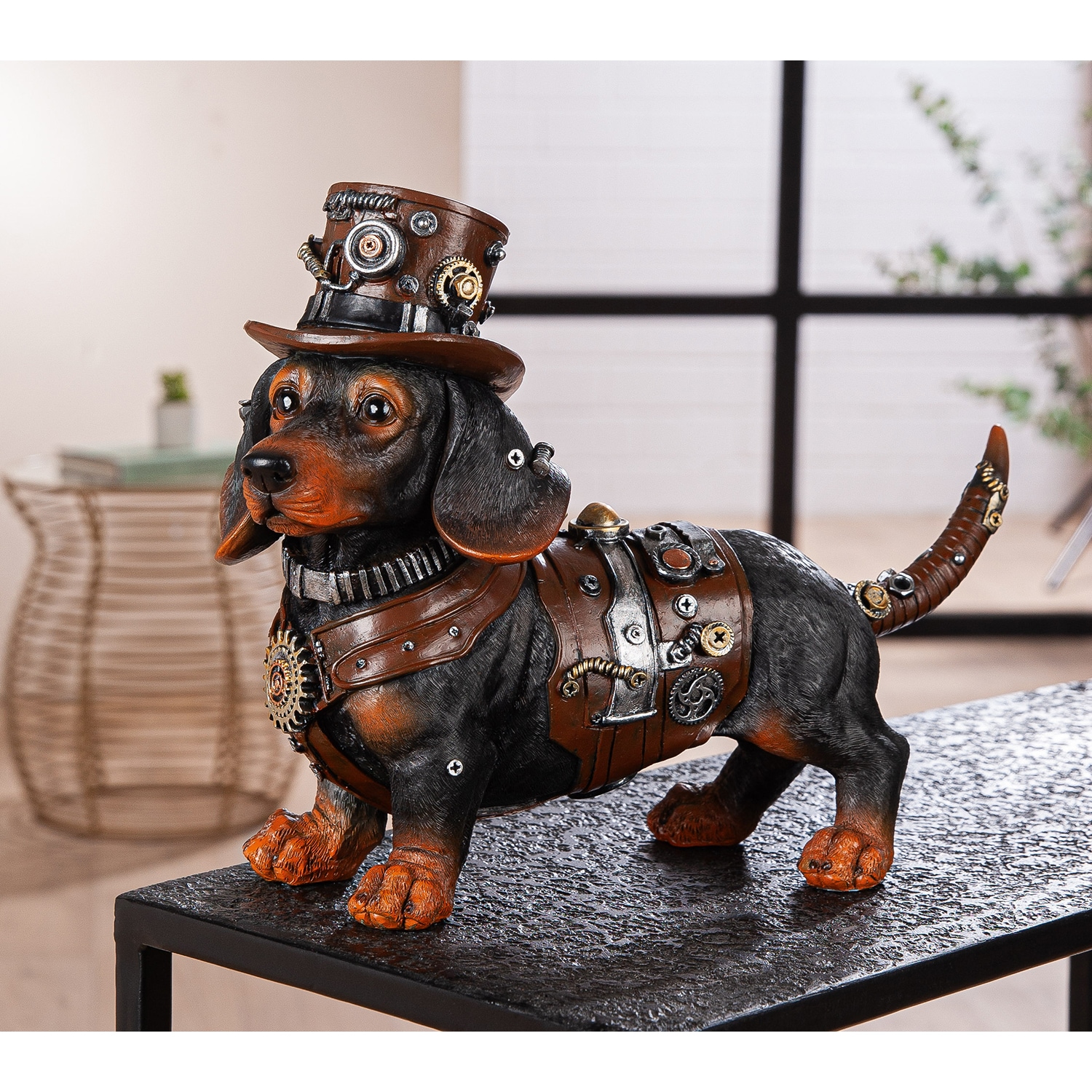 GILDE Skulptur »Figur Dackel Steampunk Dachshund« Dackel Hundeskulptur Steampunk-Stil Zahnräder Hut Fantasiefigur