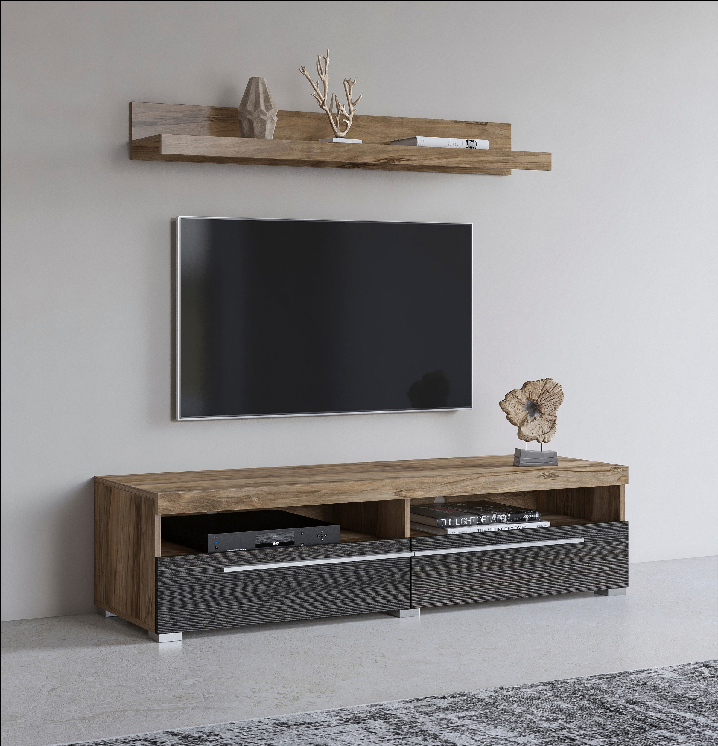 Image of GOODproduct Lowboard "Roger,Breite 140 cm, stilvolle TV-Kommode, inclusive Wandboard" TV-Schrank mit viel Stauraum, TV-Board, 2 Klappen