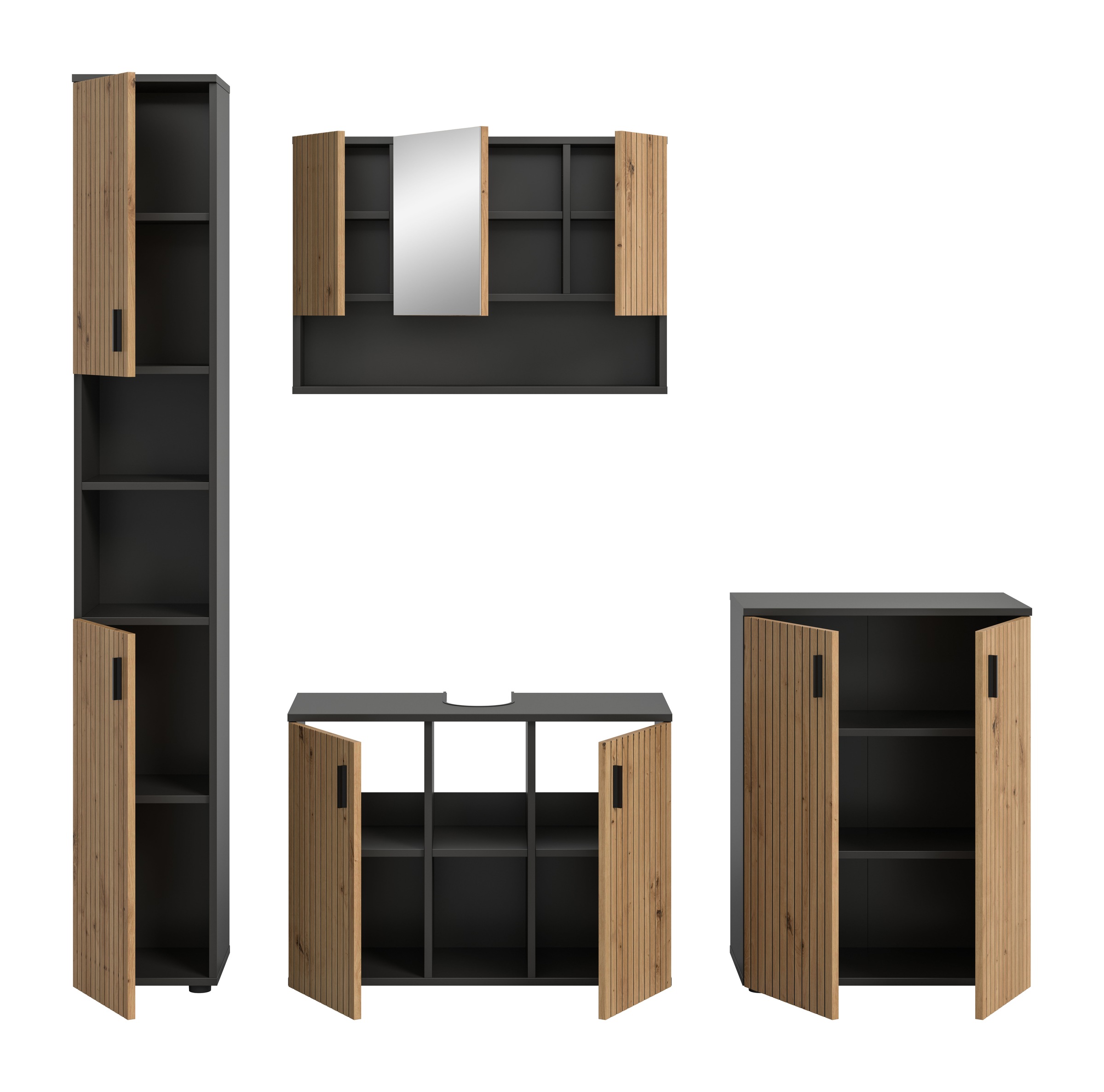 welltime Badmöbel-Set »MANI, 4-tlg. Badkombination, Paneeloptik« Set, Set, best. aus: 1Badschrank,1WBU,1Spiegelschrank,1Badschrank, 4 Stk. tlg.