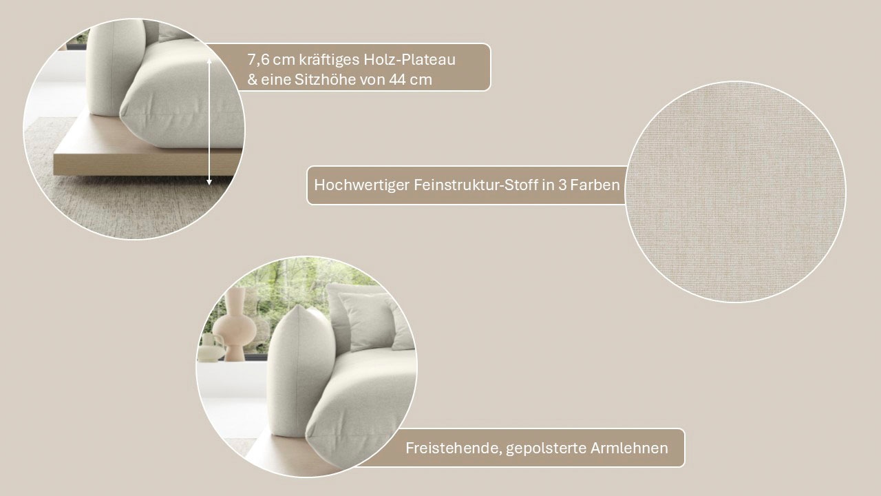 GOODproduct Ecksofa »Kalix, Polsterecke mit kräftigem Holz-Plateau, moderne Couch in L-Form« wahlweise Recamiere links o. rechts, Strukturstoff, hoher Sitzkomfort