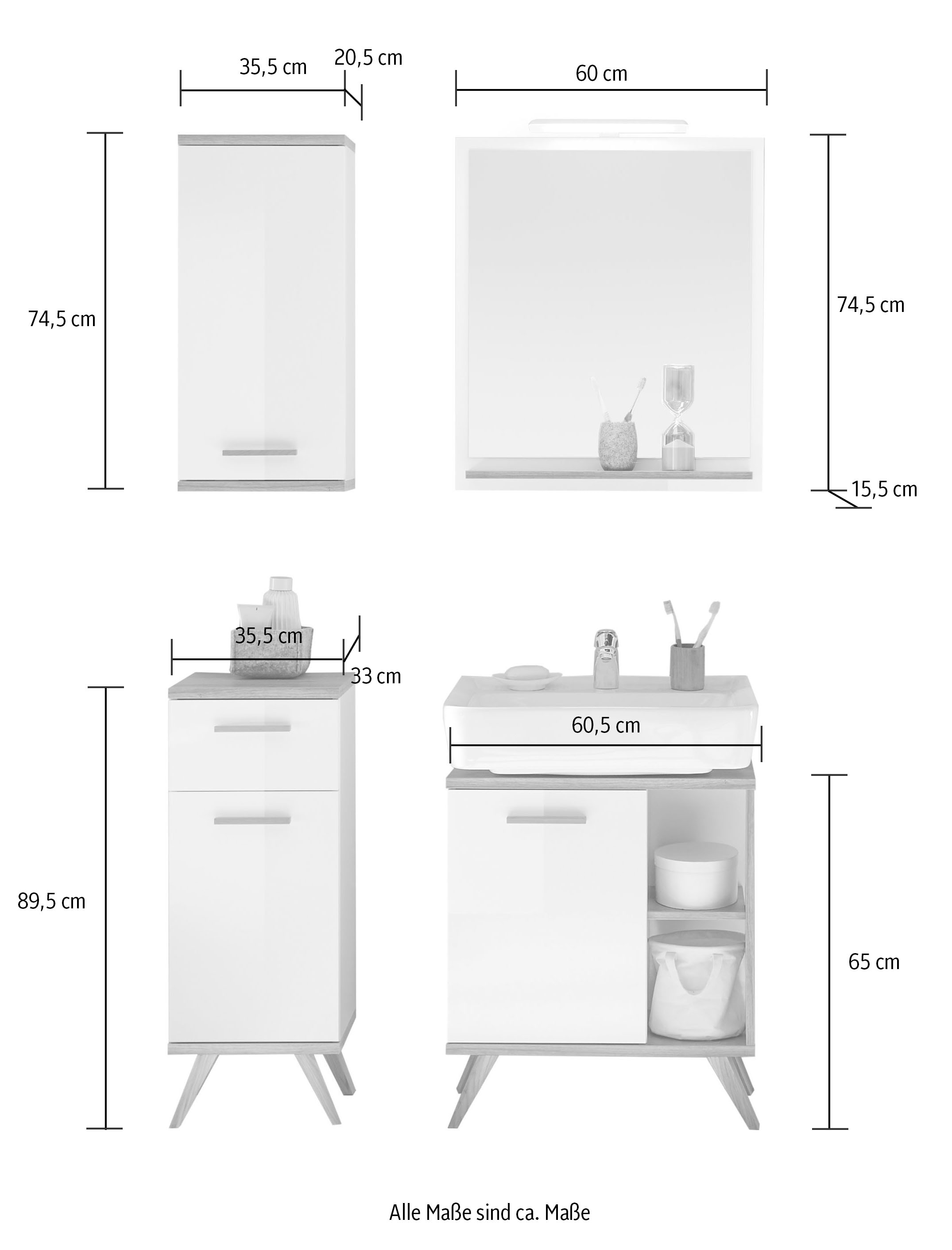 Saphir Ensemble de meubles de salle de bain »Quickset 4-teilig, Waschbeckenunterschrank mit LED-Spiegel« 5 cuis tlg.