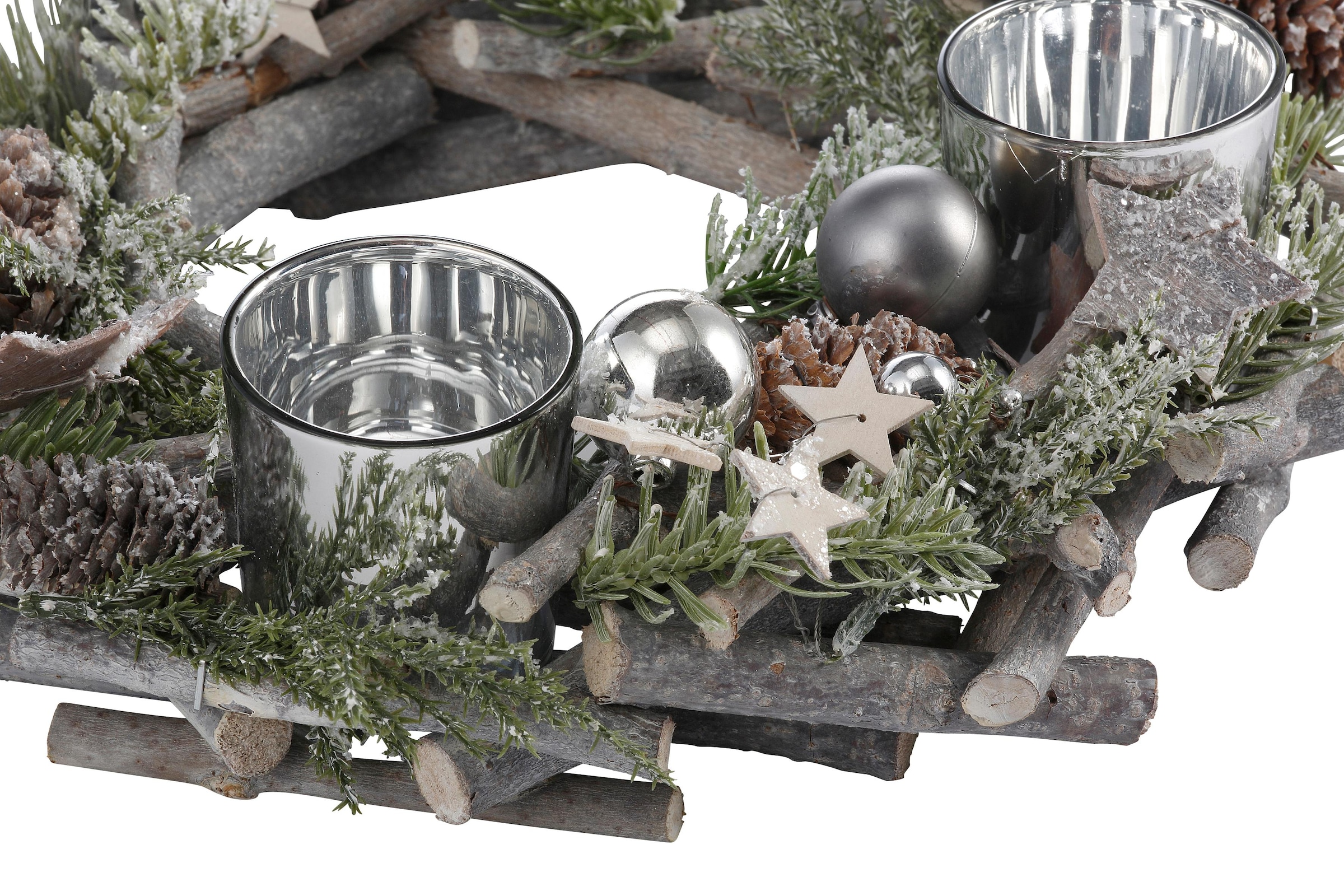 Home affaire aus Teelichter, Adventskranz cm mit Kunstschnee Echtholz, für reduziert! und 4 »Weihnachtsdeko Glitter«, Ø 30 Kerzenhalter