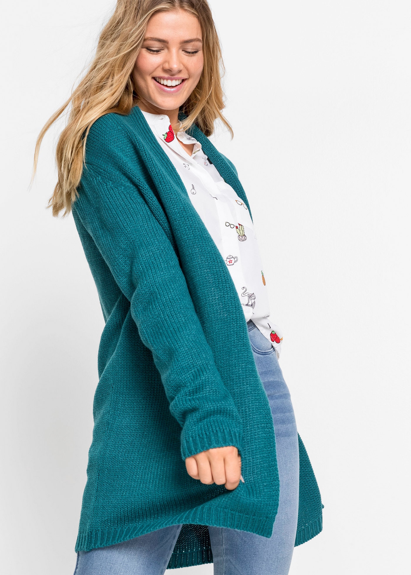 bonprix Longstrickjacke Loose fit, mit Rippstrick an Ärmeln und Saum, mit Schalkragen
