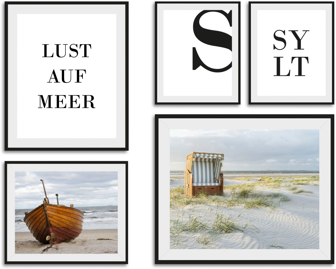 Image of queence Bild "Sylt" Deutschland Meer Meer Bilder Schiffe Schriftzug Strand 5 Stk. tlg. gerahmt