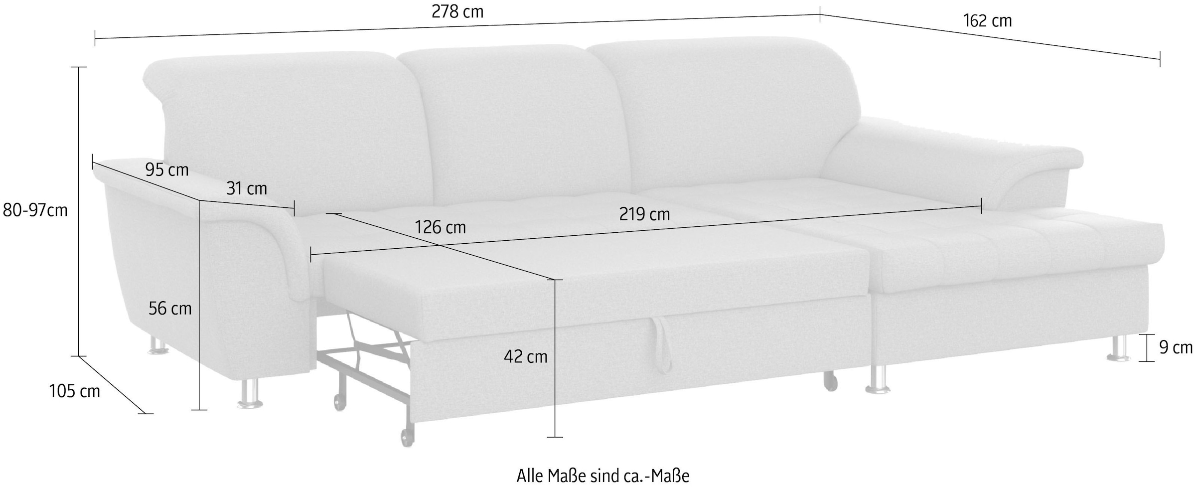 DOMO collection Ecksofa Franzi, wahlweise mit Bettfunktion, Bettkasten und Kopfteilverstellung