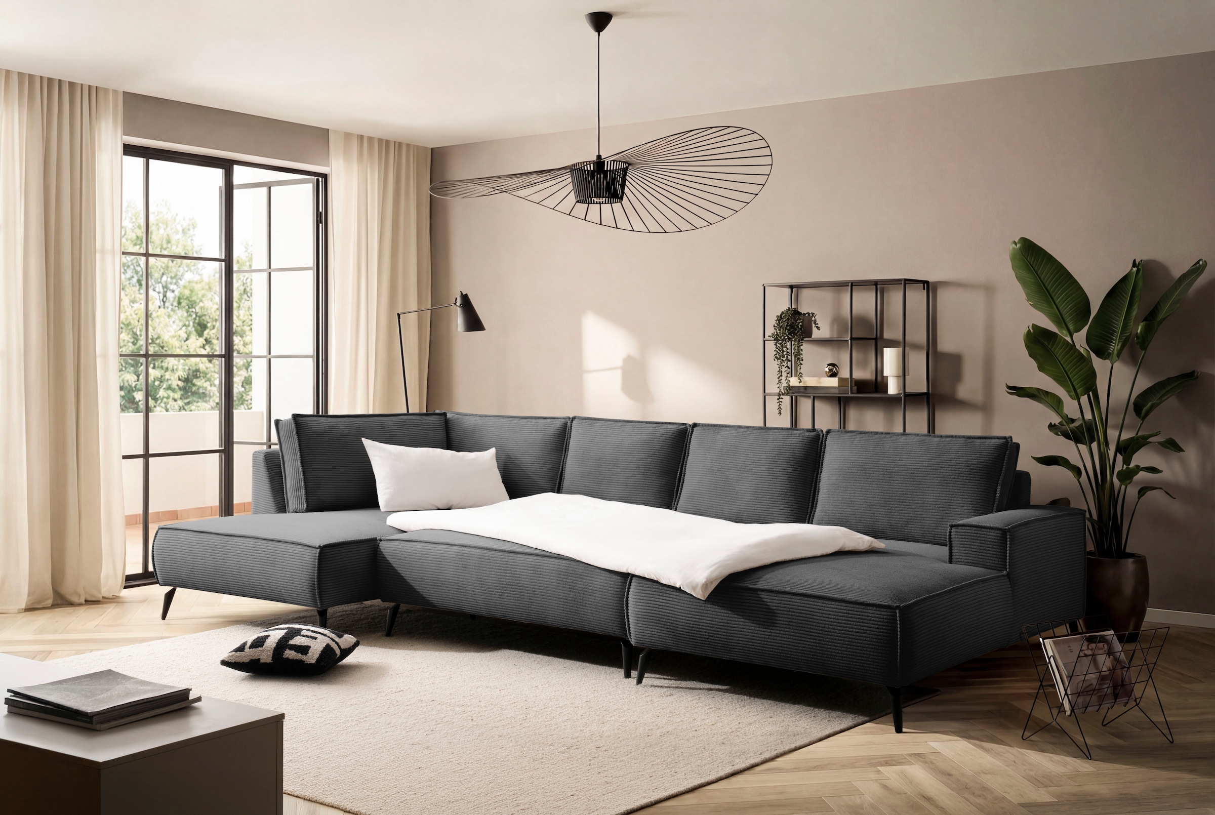 Home affaire Wohnlandschaft »mit Hocker, TVINNU, moderne U-Form in Cord oder Leinenoptik« Recamiere rechts/links, stellbar zum Schlafsofa (Krokodilverbinder)