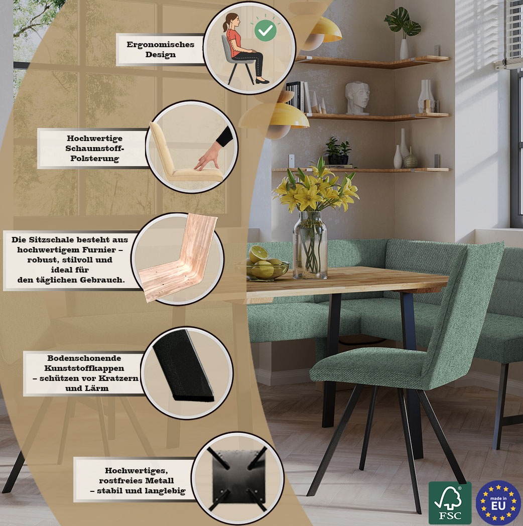 GOODproduct Ensemble de bancs d'angle »Sava« Ensemble, 4 cuis tlg. Eckbank mit Wellenfederung im Sitz, Tisch Massiv Eiche