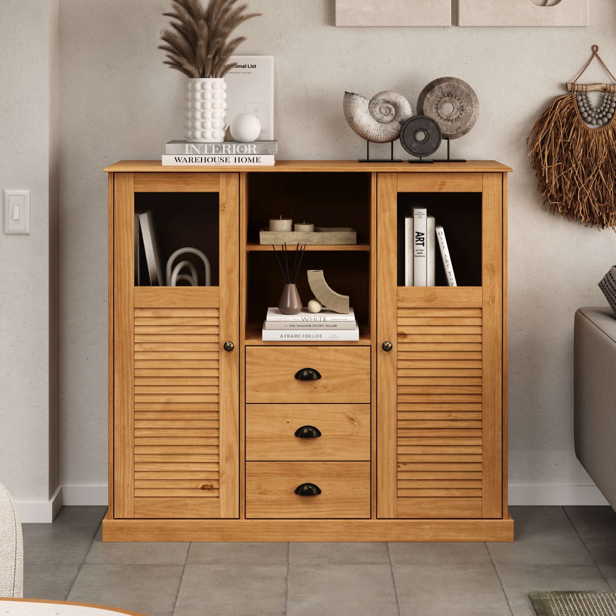 GOODproduct Buffet haut »Turia, mit Glas- und Lamellentüren« Vitrine/armoire moyenne/commode, en pin massif, FSC®, L : 127 cm