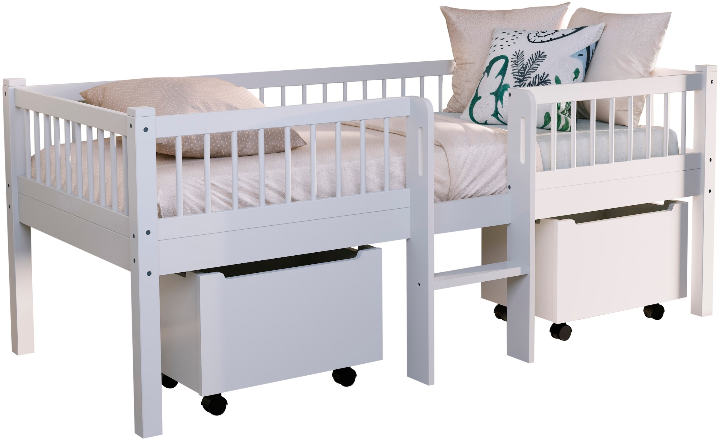 Image of Vipack Massivholzbett "Forrest Made in Europe, stabil und hochwertig gebaut, mit 2 Rollboxen" 90/200 cm, mit Rollrost und Leiter, seitenverkehrt montierbar, inkl. umlaufenden Absturzschutz in Sprossenoptik, Buche weiss lackiert