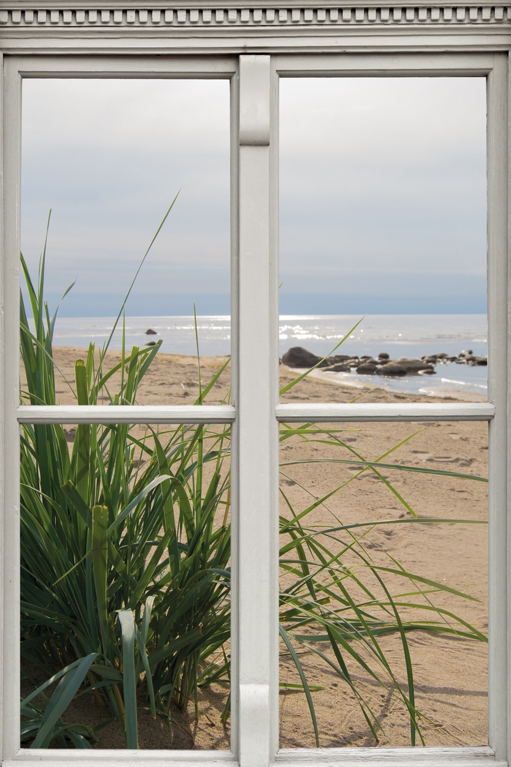 Image of queence Leinwandbild "Ausblick" Düne Fensterblick Gräser Meer Natur 1 Stk. tlg. Premium-Leinwandstoff