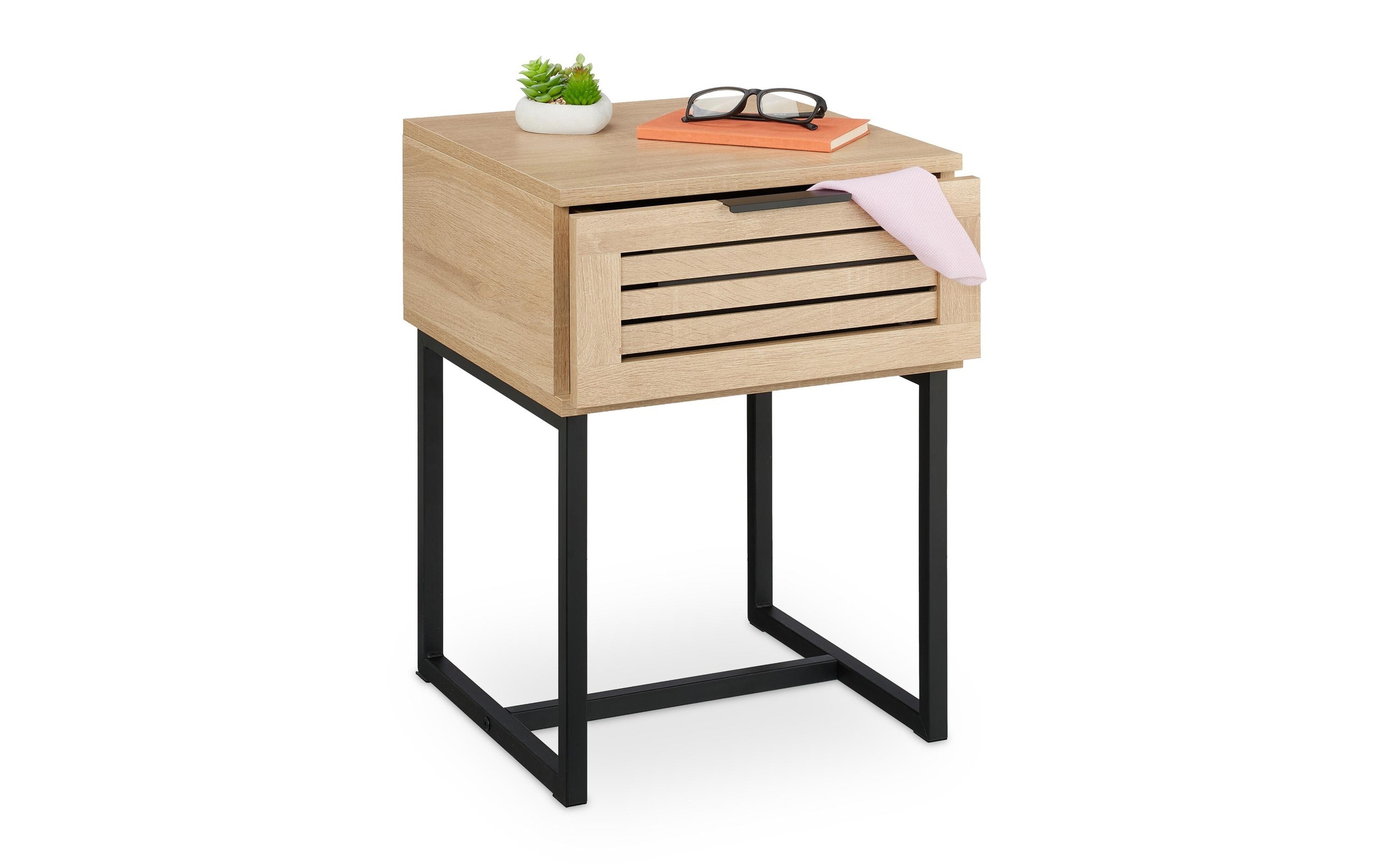 Image of relaxdays Nachttisch "mit Schublade 55.5 x 40 x 41.5 cm" Nachtschränkchen mit Metallgestell