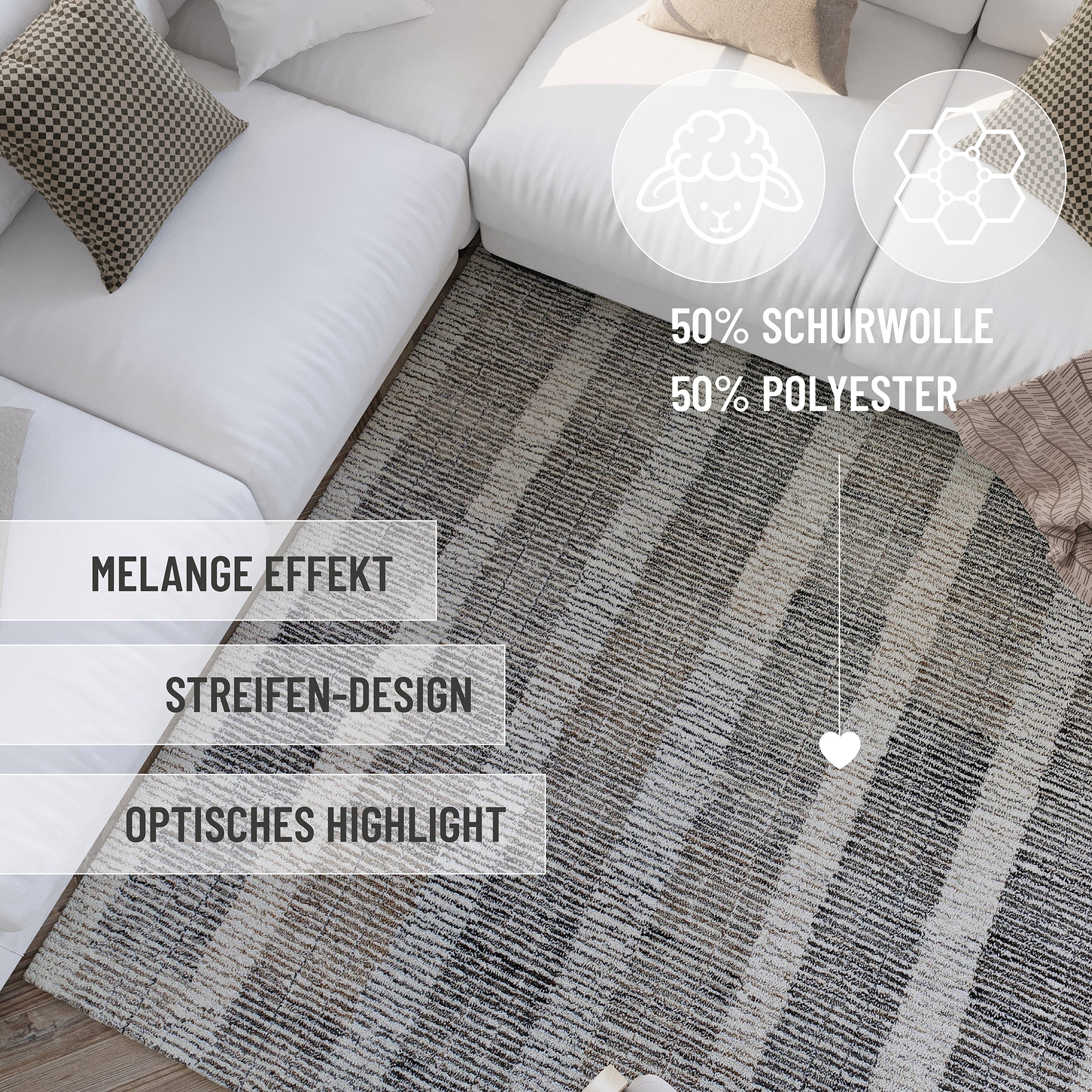 Wecon home Teppich »Hamptons FORTY«, rechteckig, 11 mm Höhe, Läufer, Fasermix, Kurzflor, Wohnzimmer, Schlafzimmer, Streifen Muster