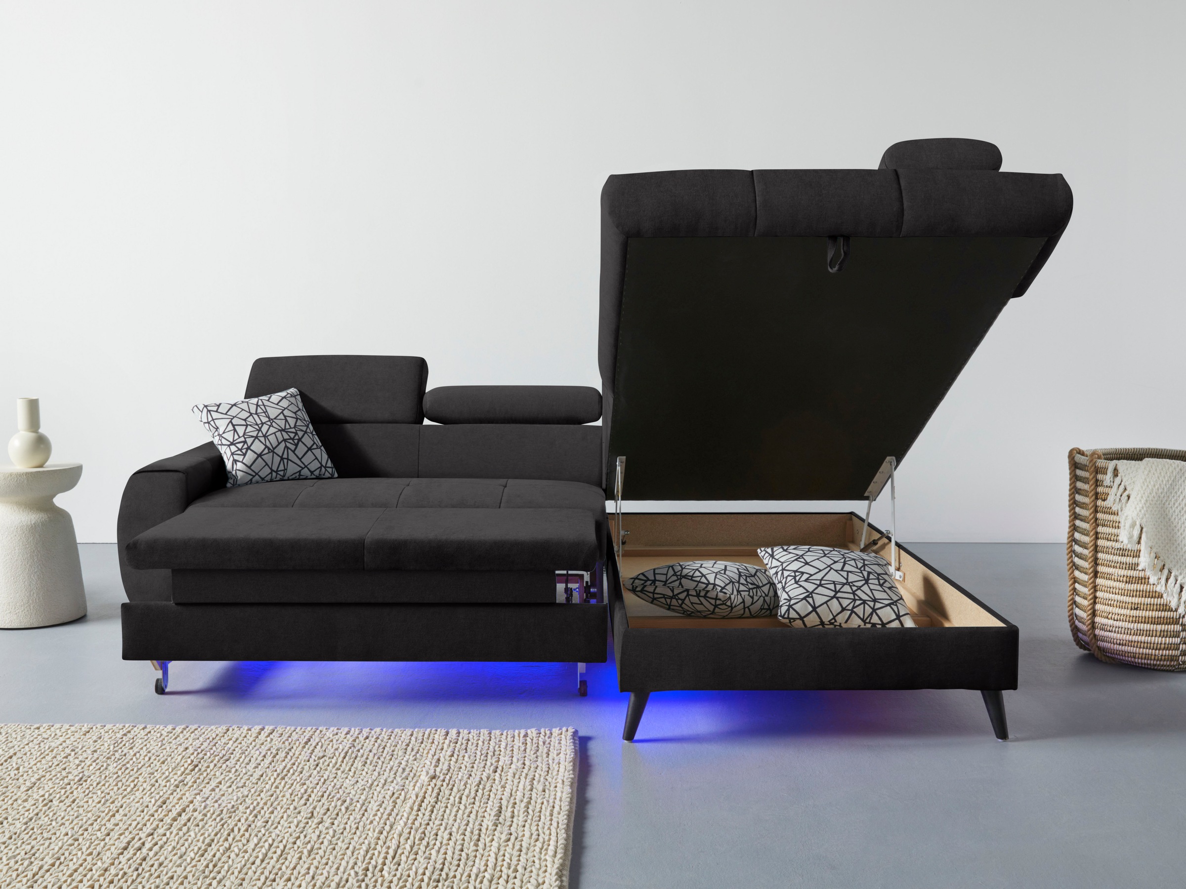 COTTA Ecksofa »Mia L-Form mit 3 Zierkissen«, wahlweise mit Bettfunktion, Bettkasten, Beleuchtung & Wireless-Charger