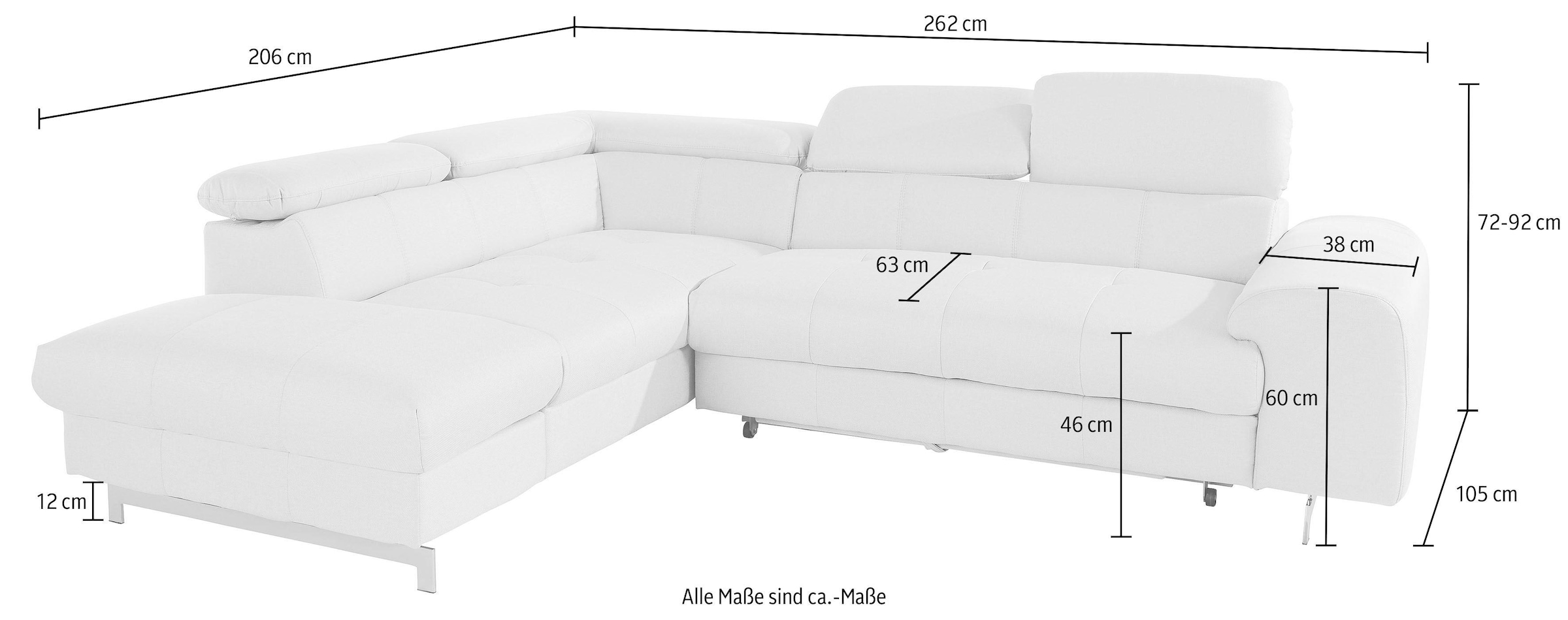 COTTA Canapé d'angle »Chef L-Form« mit Kopfteilverstellung, wahlweise mit Bettfunktion & Bettkasten